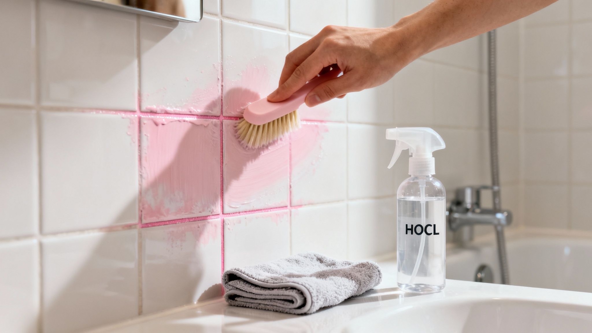 A hand scrubs pink mold from white bathroom tiles with a brush, next to a HOCL spray bottle.