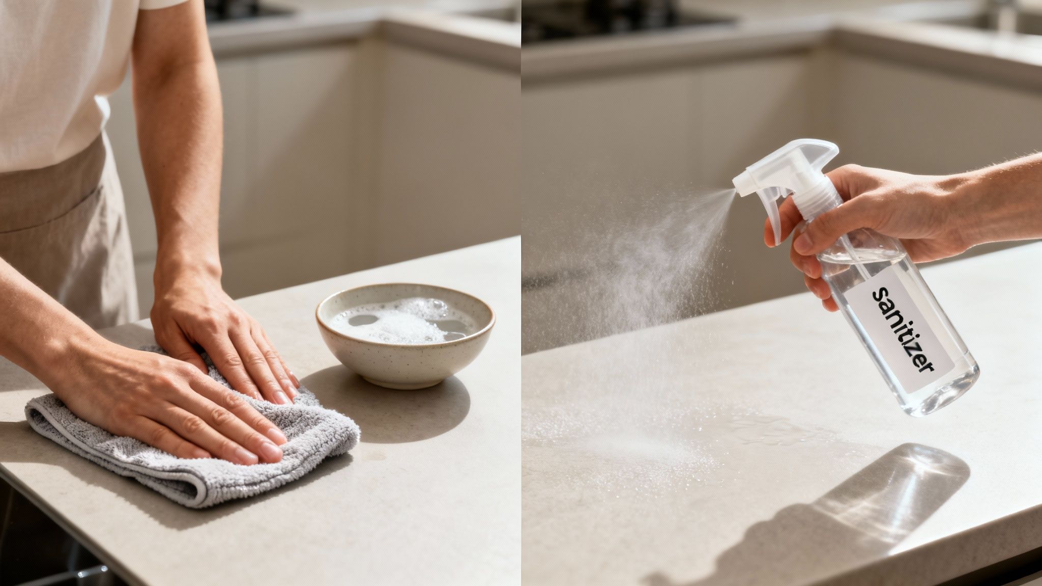 Hands cleaning a kitchen counter with a cloth and soapy water, and sanitizing with a spray bottle.