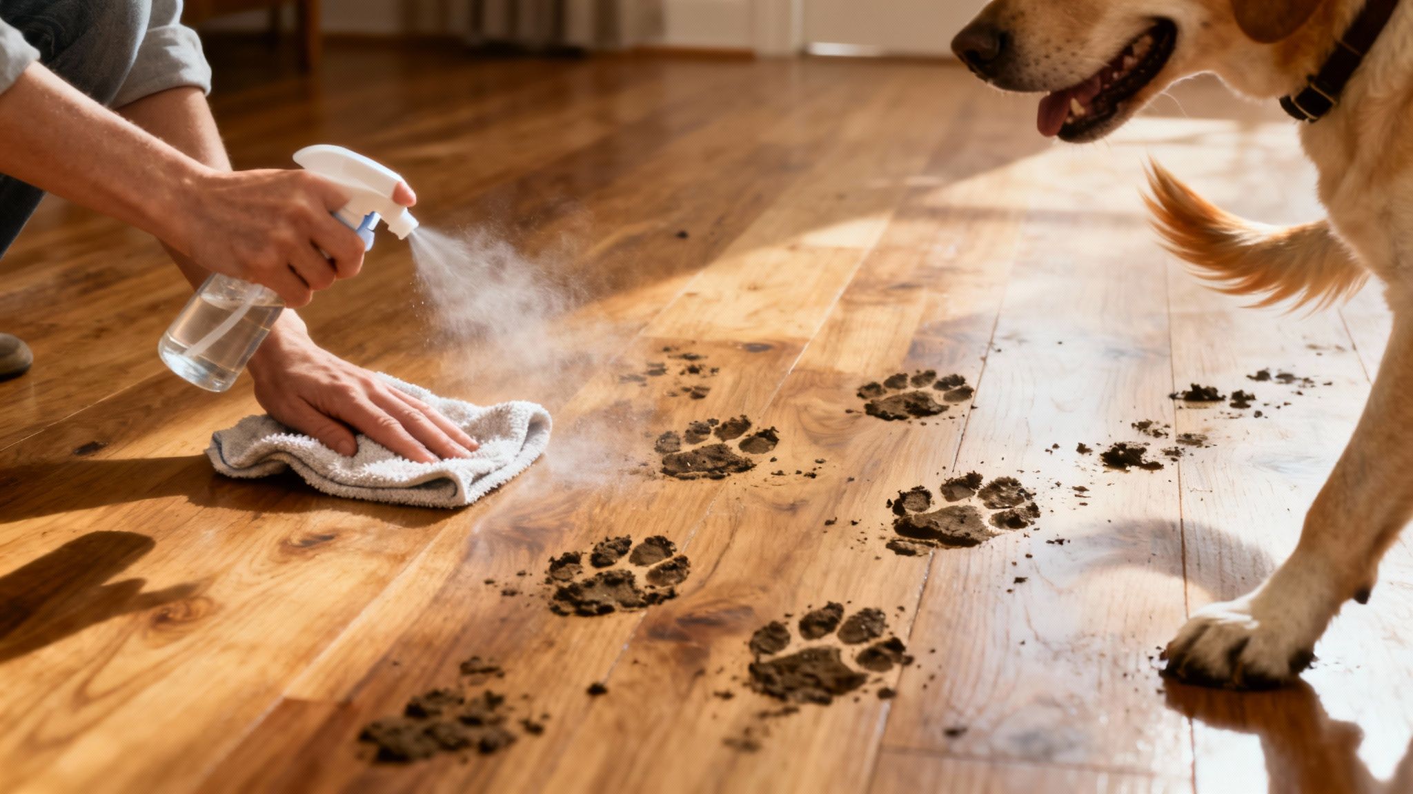 A person easily wiping muddy paw prints off a light-colored floor with a spray bottle and cloth.