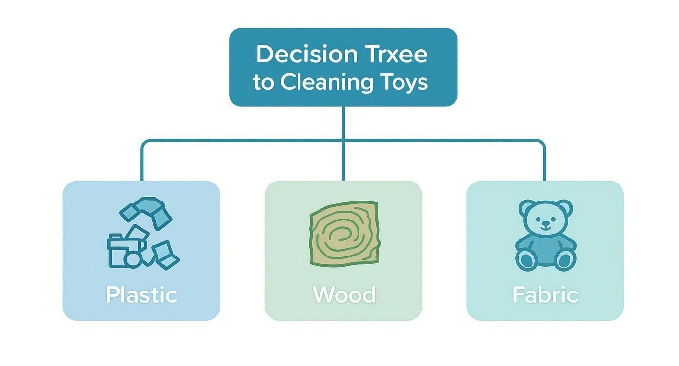 Decision tree flowchart showing three toy cleaning categories: plastic, wood, and fabric materials