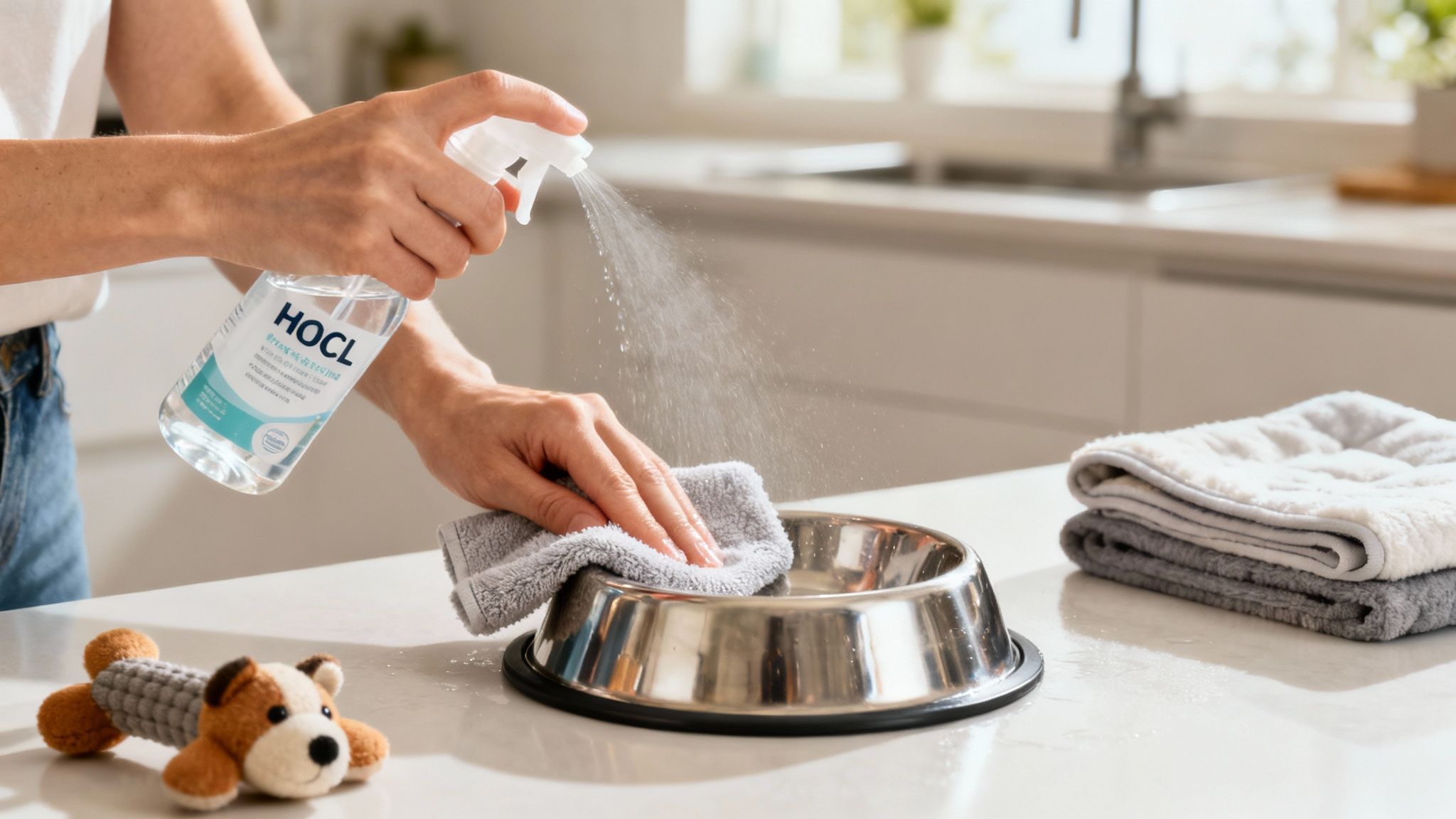 A person using a spray cleaner on a countertop where a pet's food bowl is placed.