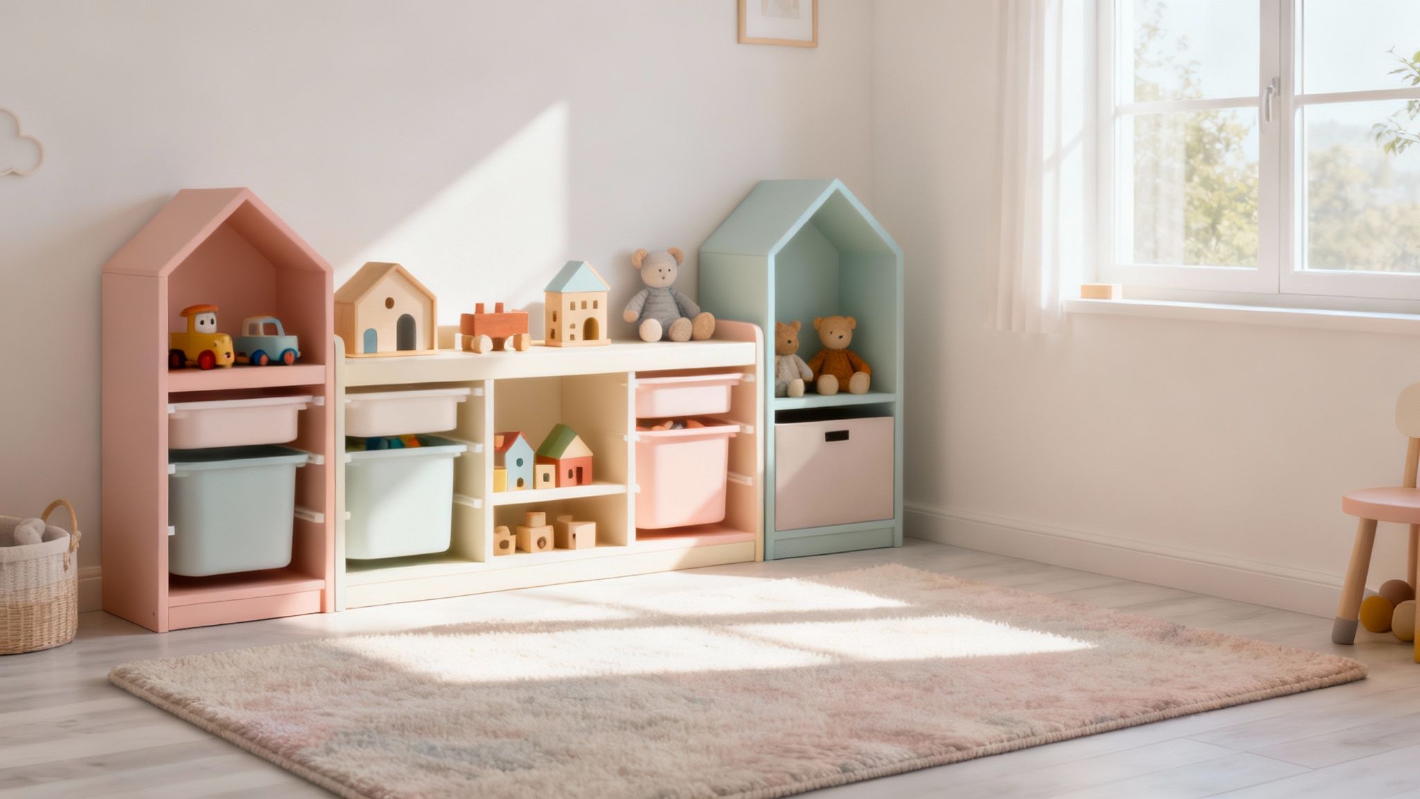 A young child playing with clean, colorful wooden blocks on a light-colored rug.
