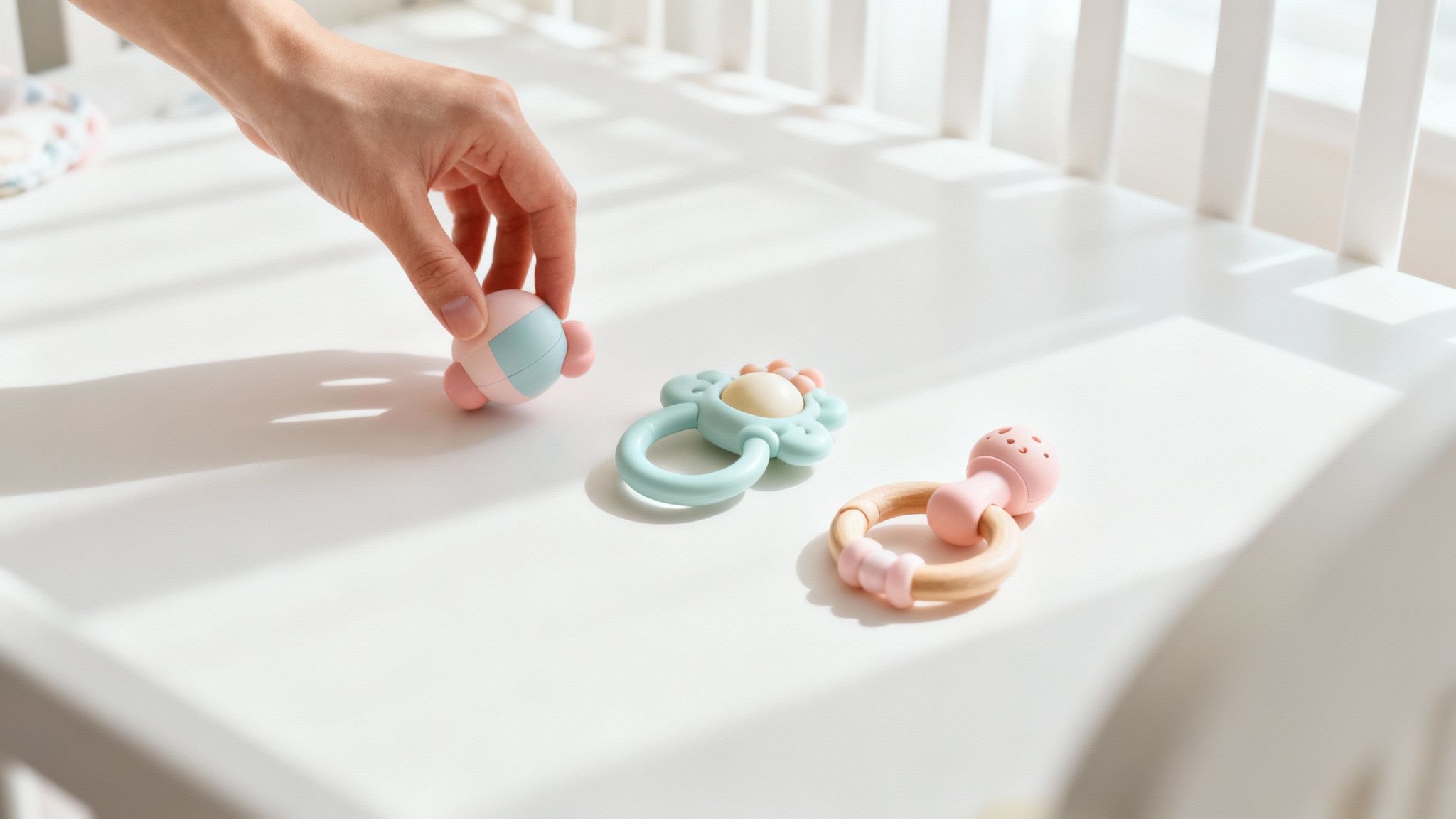 A collection of clean, colorful infant toys neatly arranged on a soft surface, ready for playtime.