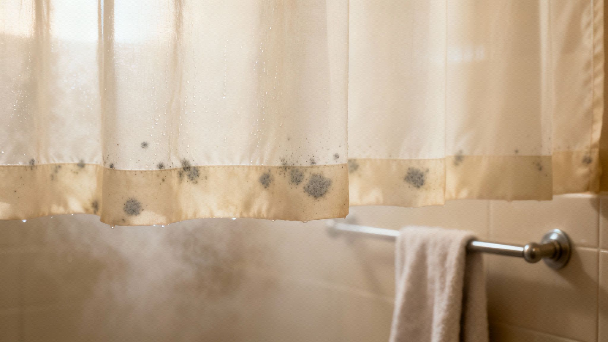 A cream shower curtain with numerous black mildew spots and water droplets in a steamy bathroom.