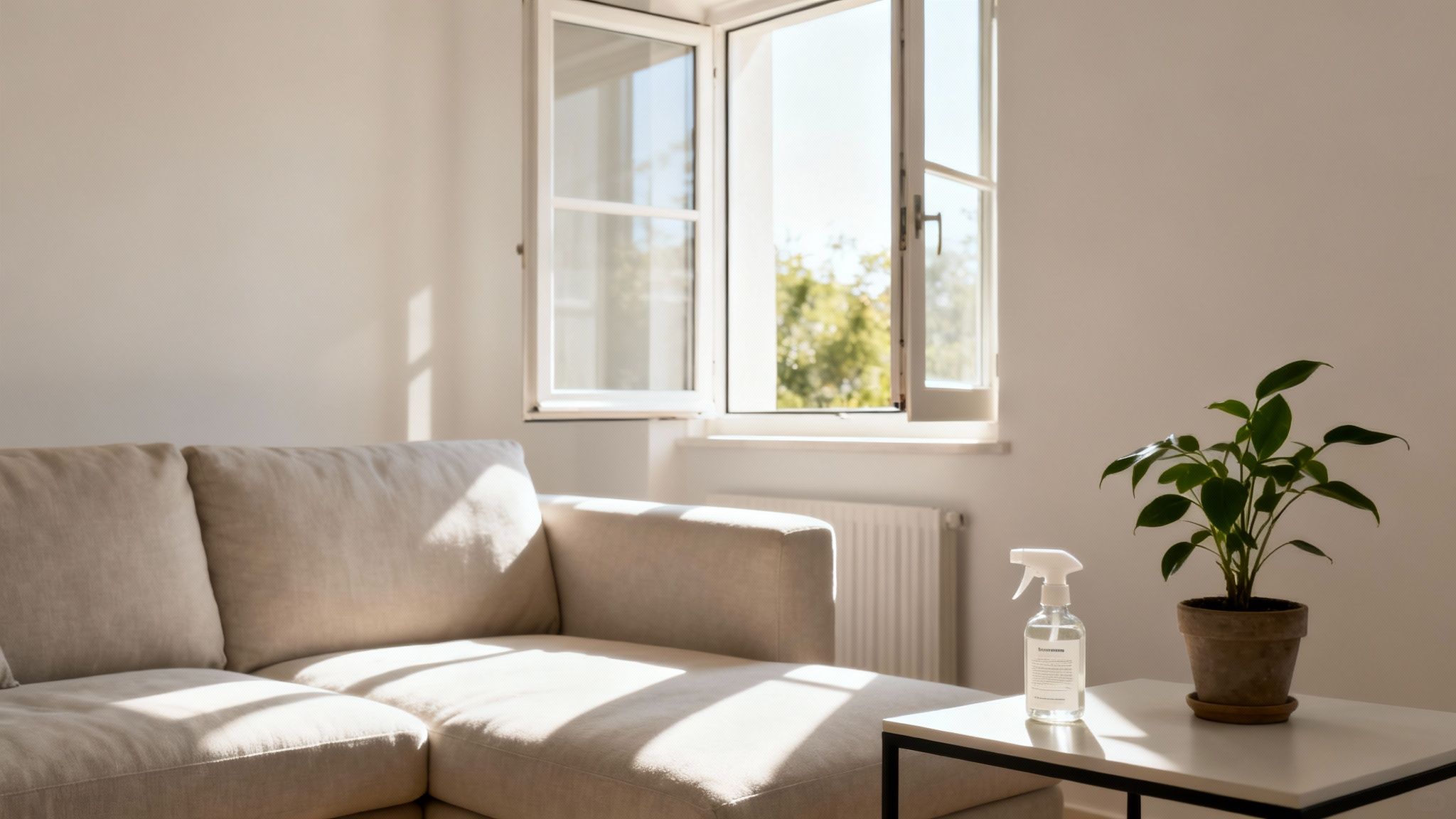 A bright living room with a beige sofa, an open window, and a plant on a side table.