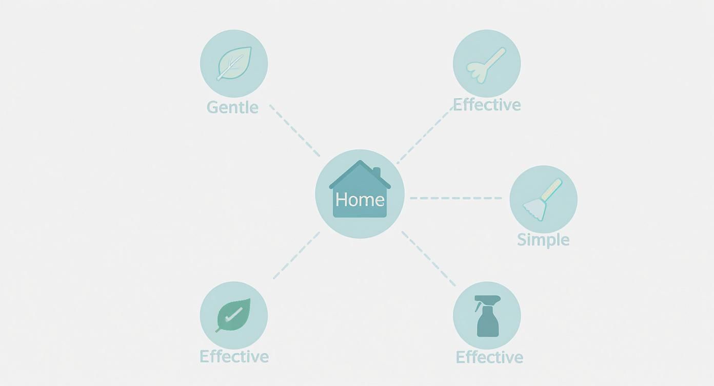 Diagram showing home cleaning benefits: gentle, effective, and simple hypochlorous acid properties with icons