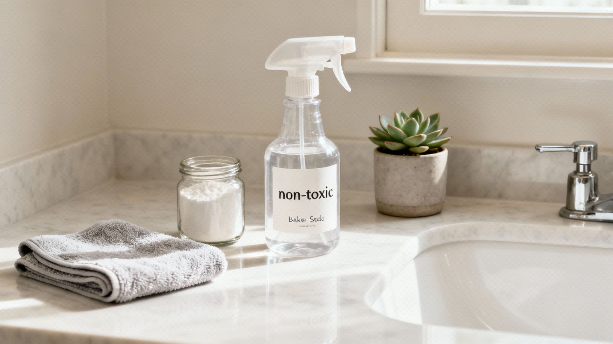 Non-toxic baking soda spray bottle with cleaning supplies on bathroom counter with succulent plant