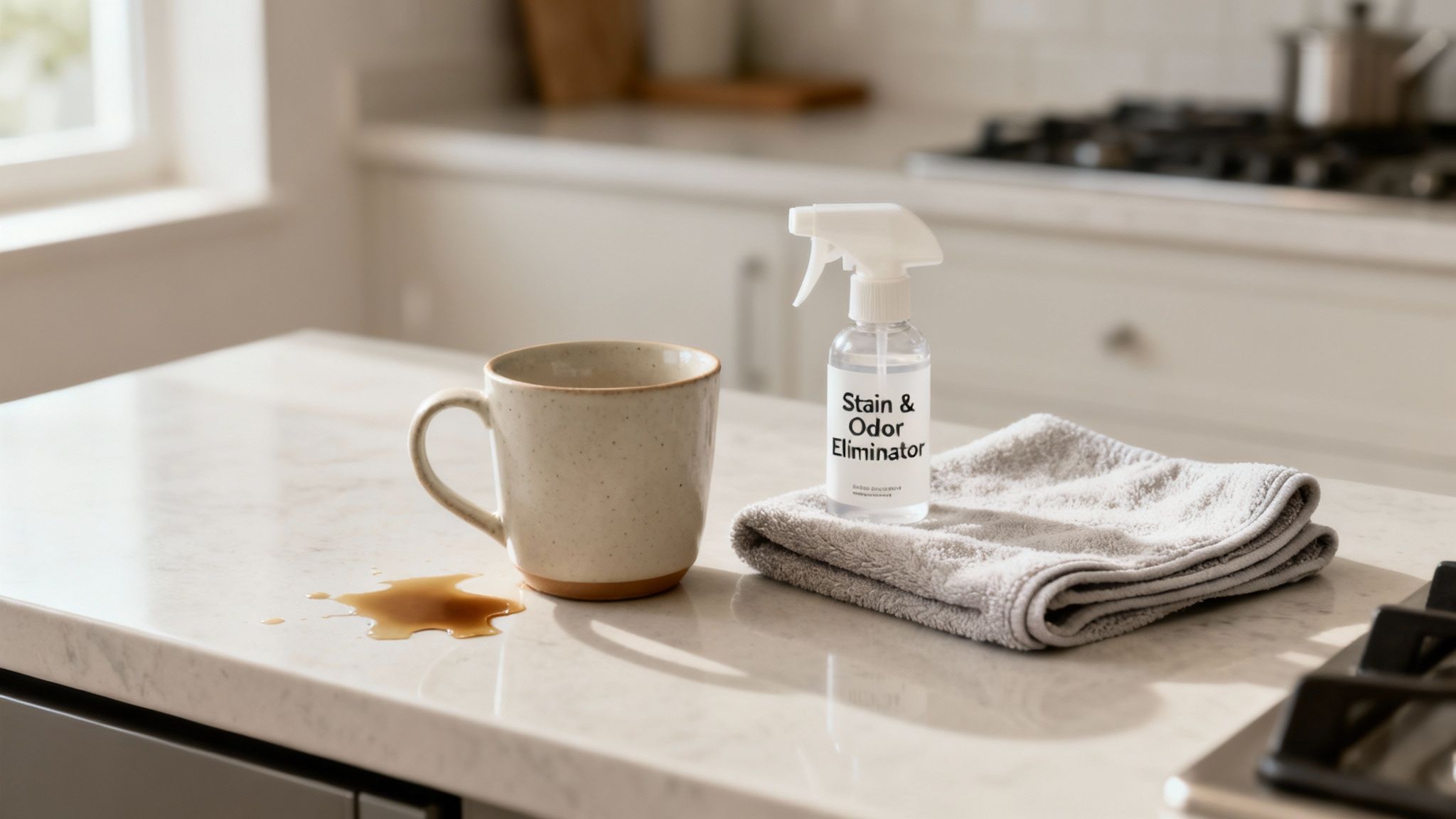 A spilled coffee stain on a white kitchen counter, with a stain remover spray and towel.