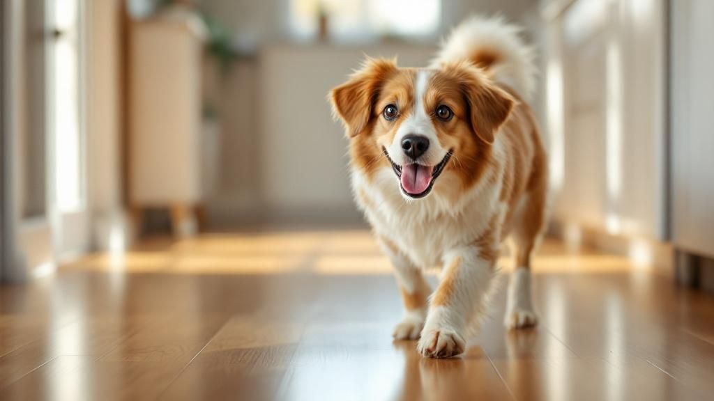 A golden retriever puppy lying on a clean hardwood floor