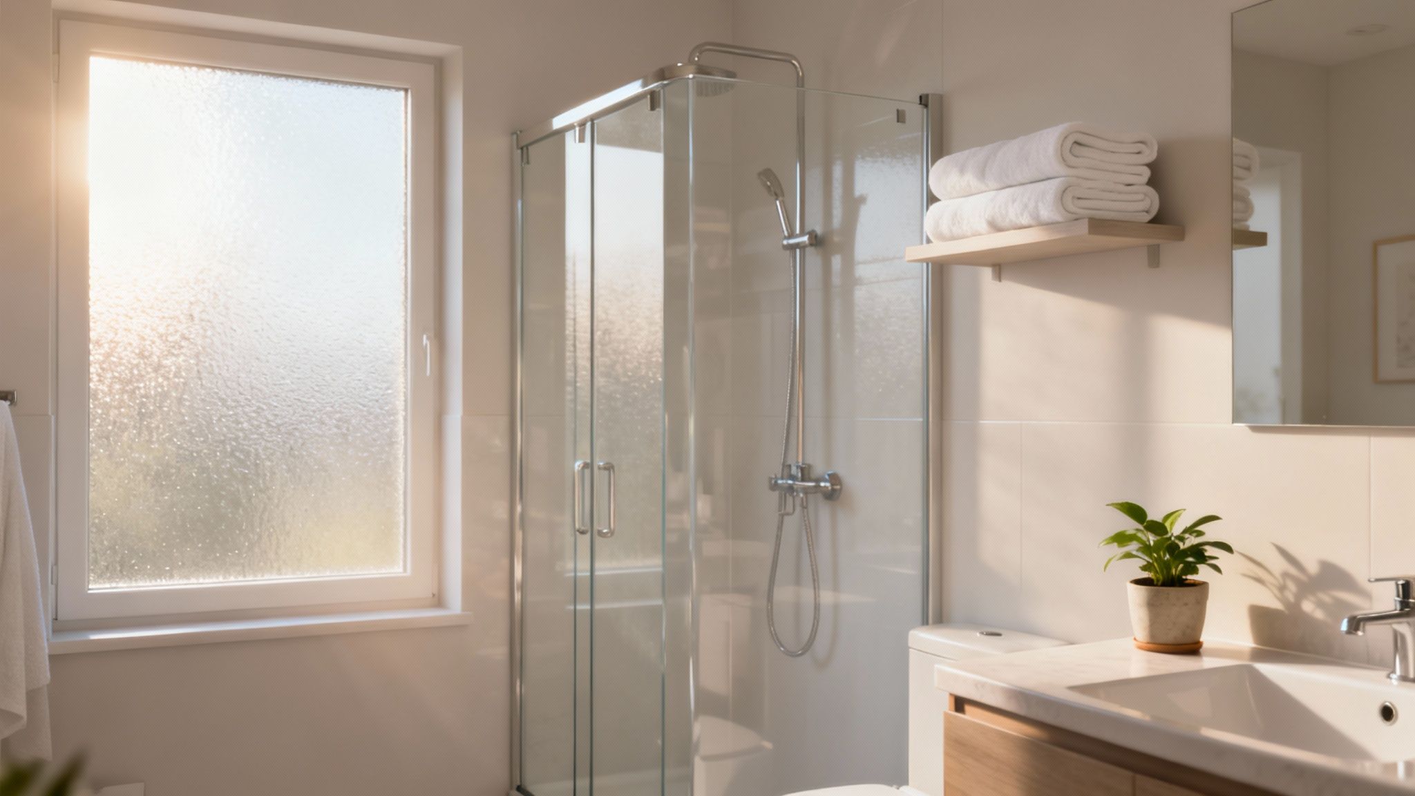 A clean, modern bathroom featuring a walk-in glass shower, frosted window, and sink with a plant.