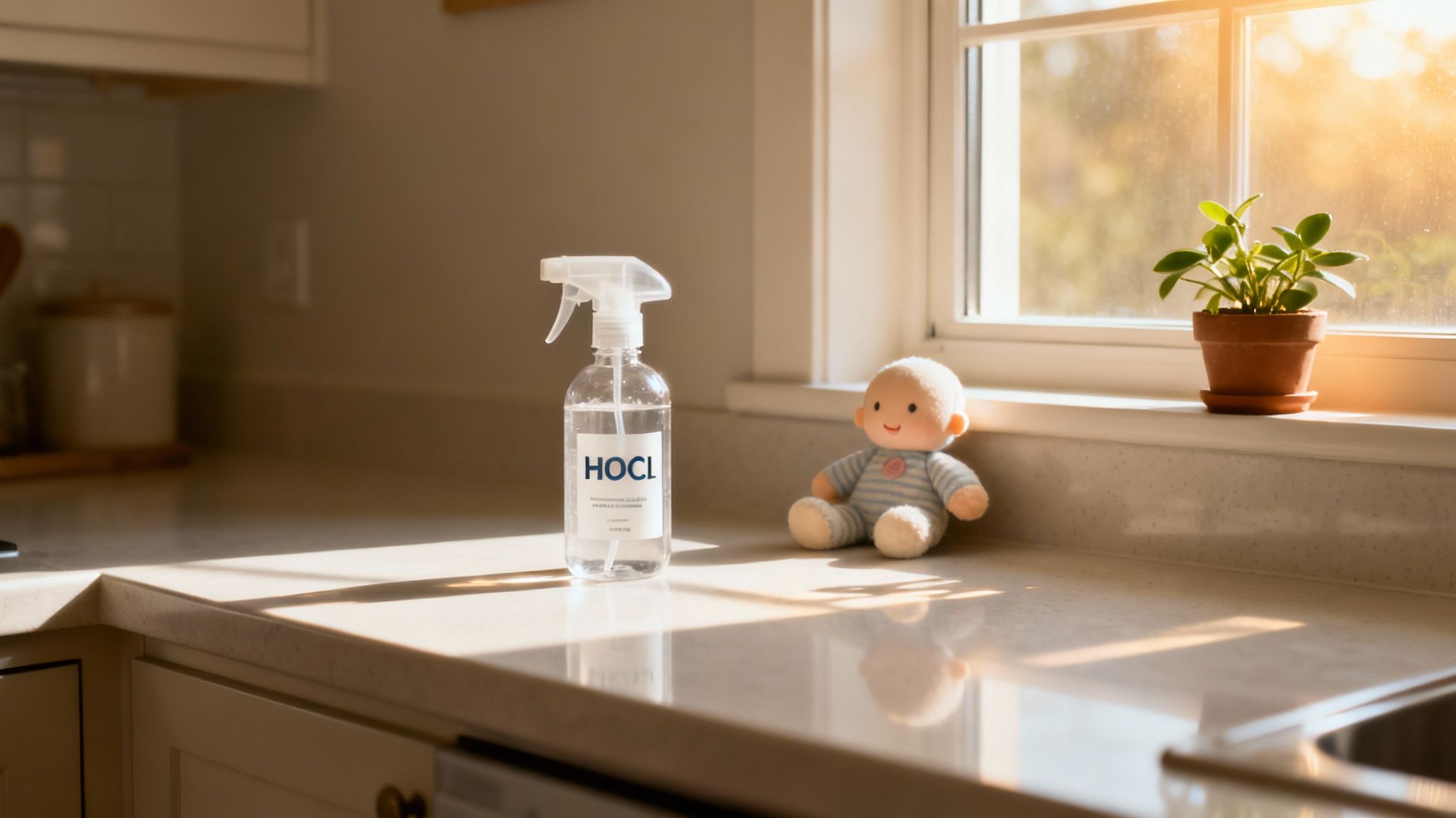 Clear spray bottle of hypochlorous acid cleaning solution on white counter with toy and plant