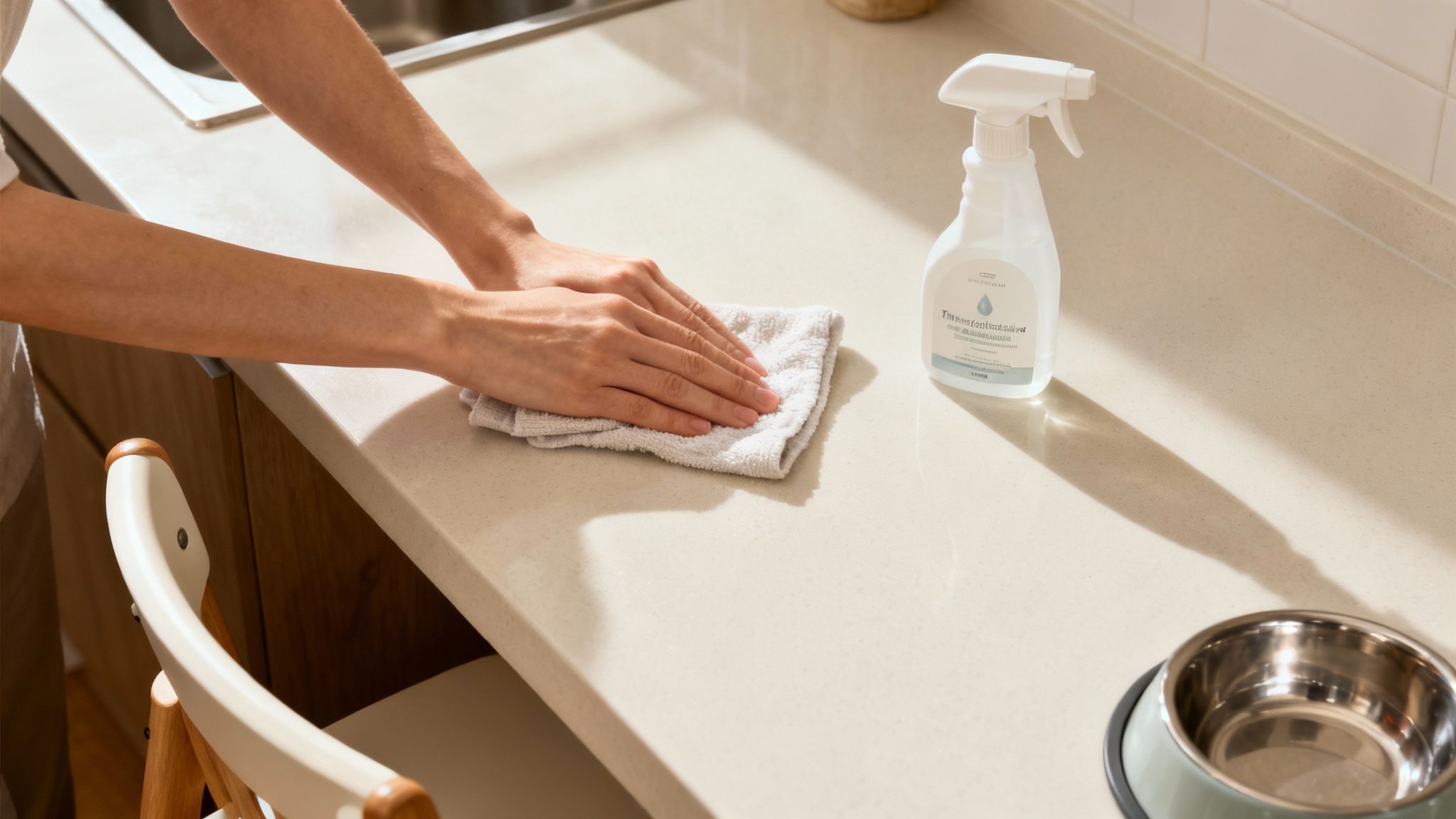 A person is gently wiping down a clean kitchen countertop with a white cloth and a spray bottle.