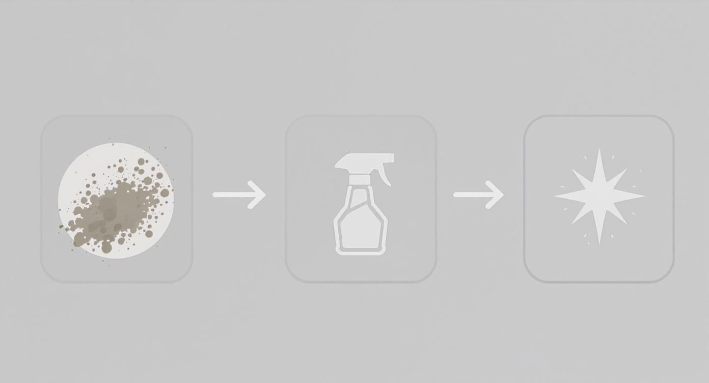 Illustration of a dirty surface transforming into a sparkling clean one with a spray cleaner.
