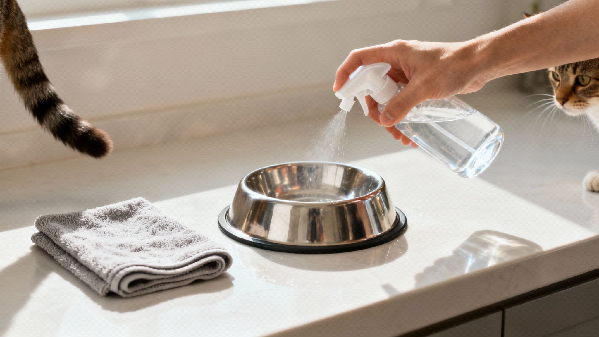 A person gently wipes down a dog's food bowls with a cloth, demonstrating a simple, non-toxic cleaning routine.