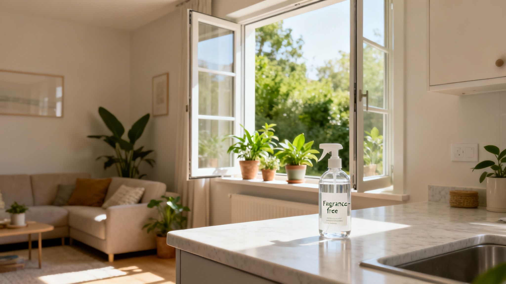 Fragrance-free cleaner on a bright kitchen counter, with a blurred living room and garden view.