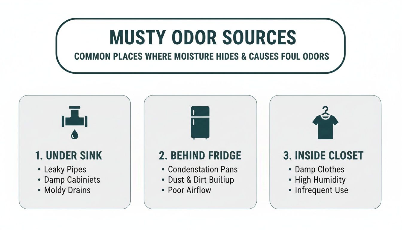 Infographic listing common musty odor sources: under sink, behind fridge, and inside closet with specific causes.