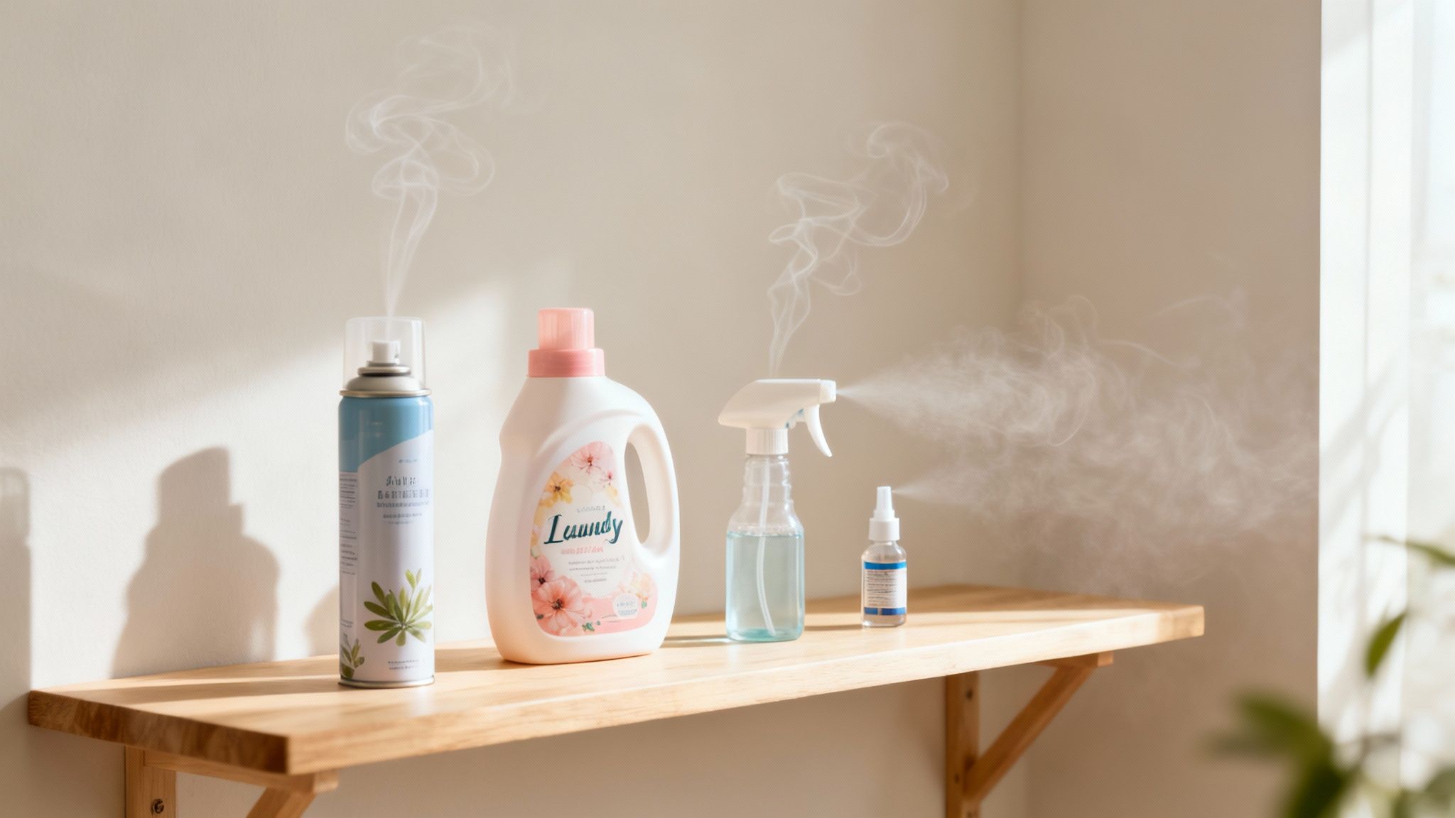 Cleaning products on a shelf, showing a spray can, detergent, and two spray bottles emitting mist.