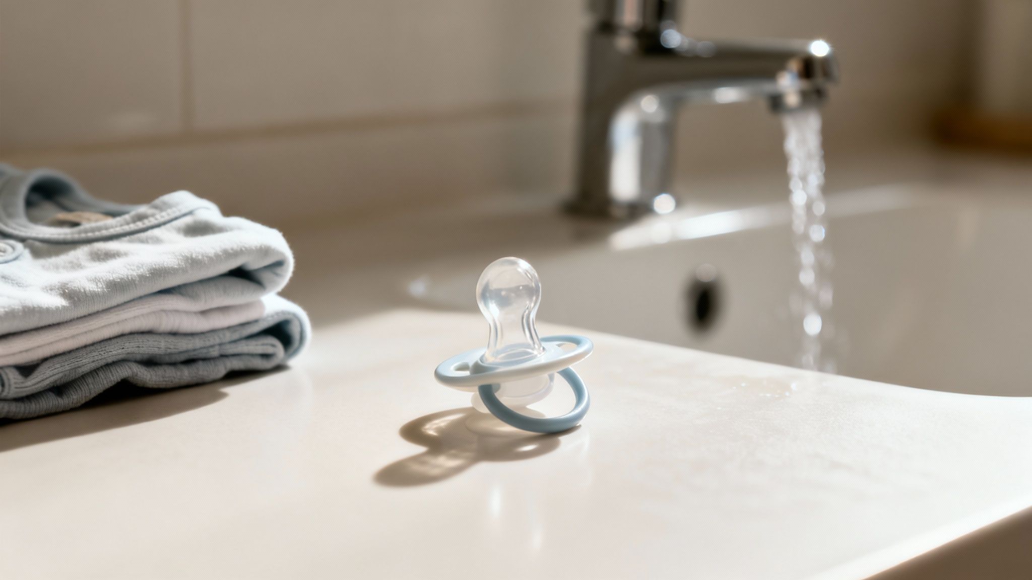A blue baby pacifier rests on a counter next to folded blue clothes, with water running from a faucet into a sink in the background.