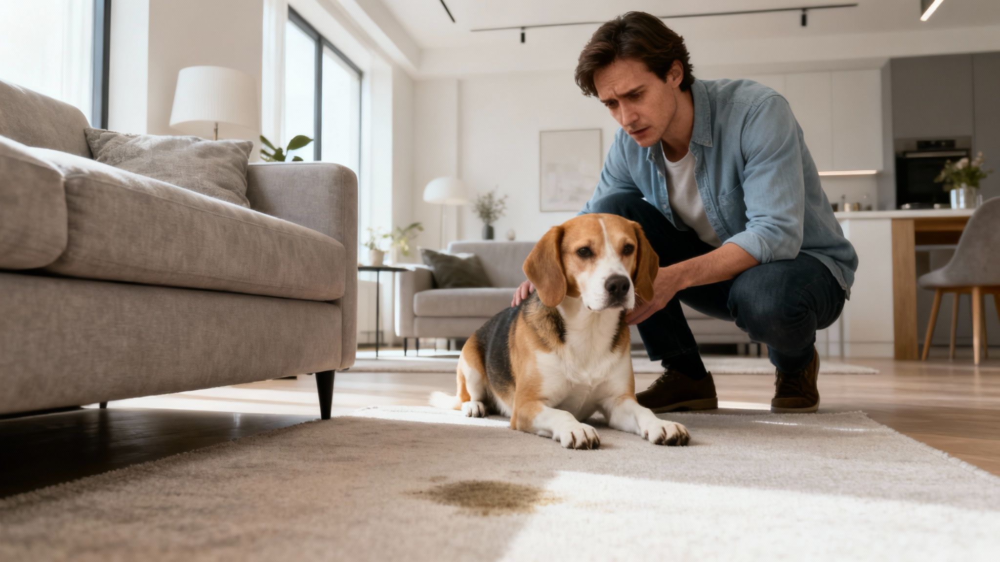 Concerned man comforts his Beagle dog next to a visible urine stain on a light living room rug.