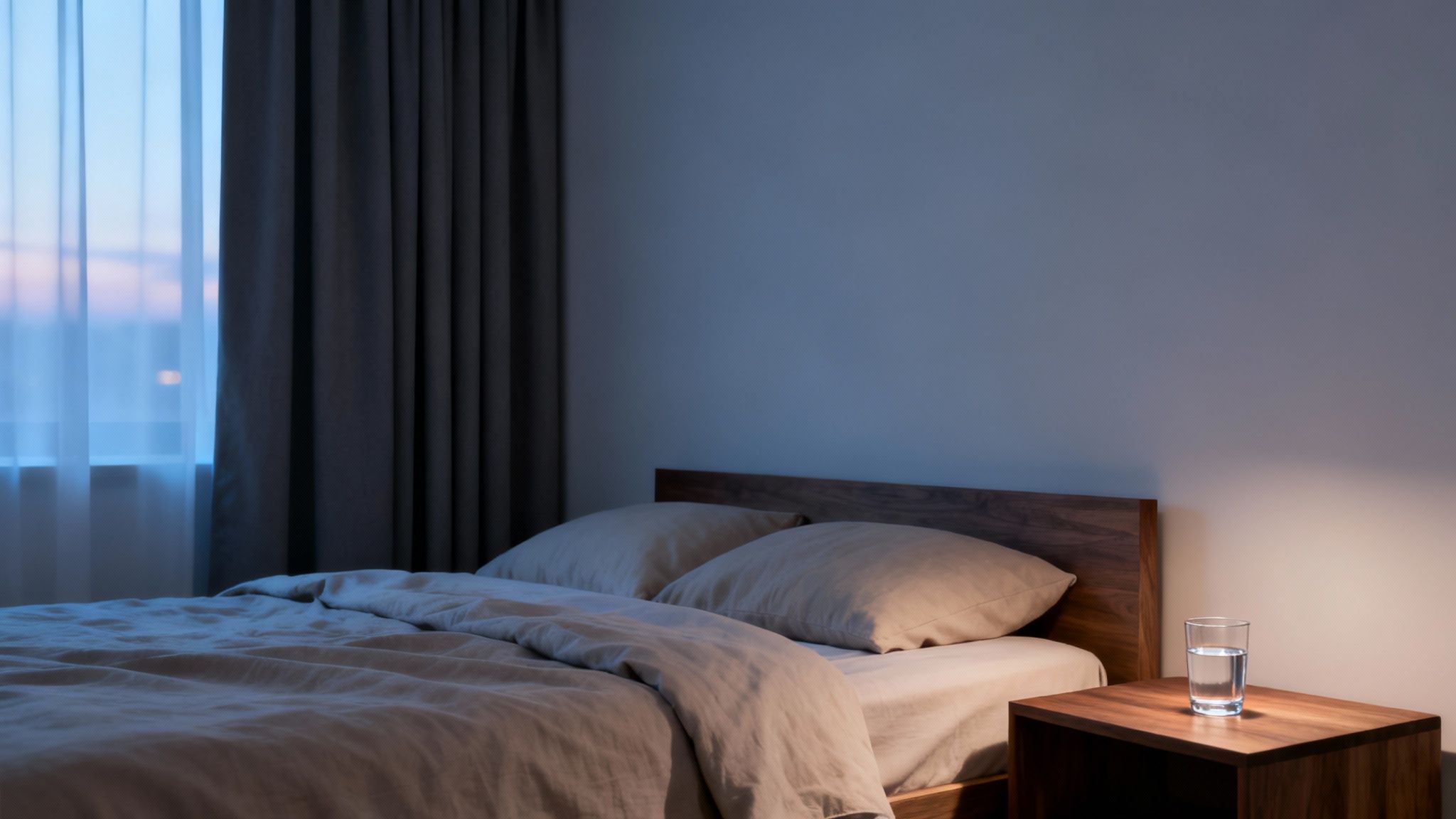 A comfortable bed with neutral linen, wooden headboard, and nightstand with water in a dimly lit room.