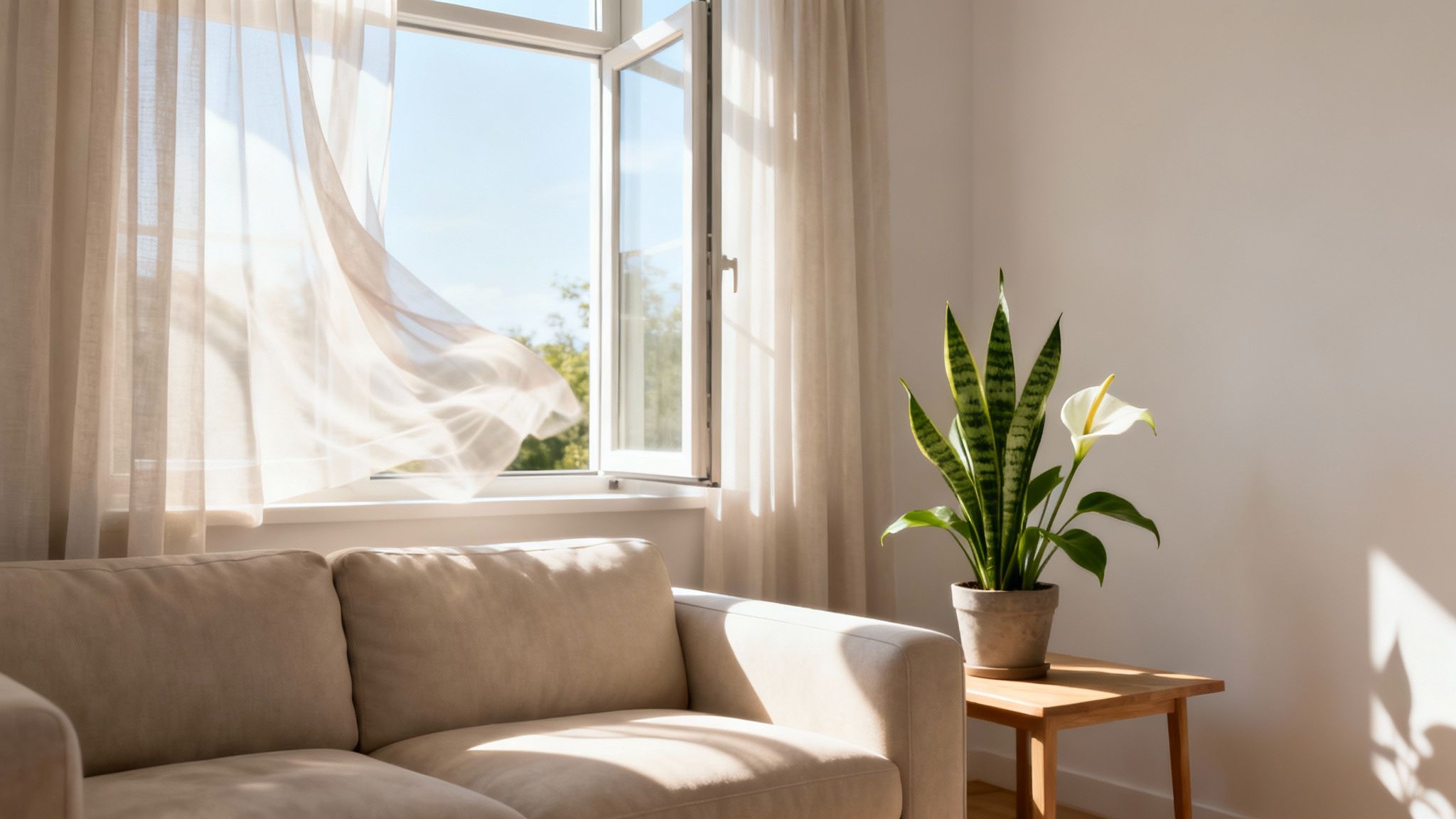 Bright living room with an open window, flowing curtains, a comfy sofa, and a potted plant.