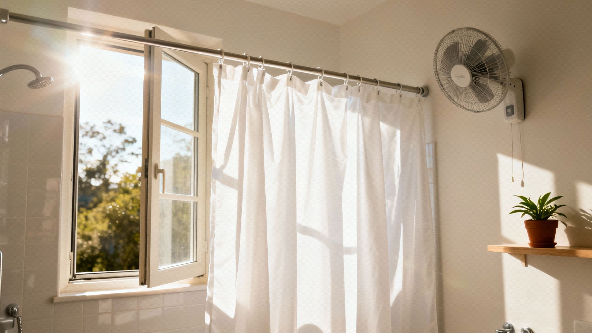A sunny bathroom featuring an open window, white shower curtain, and a wall-mounted fan.