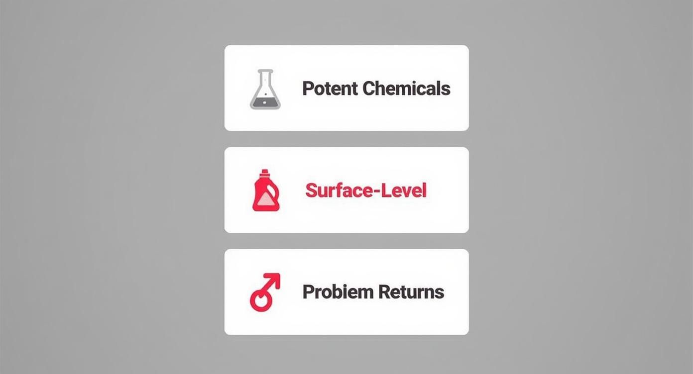 Three cards displaying icons and text: Potent Chemicals, Surface-Level, and Problem Returns, highlighting common issues.