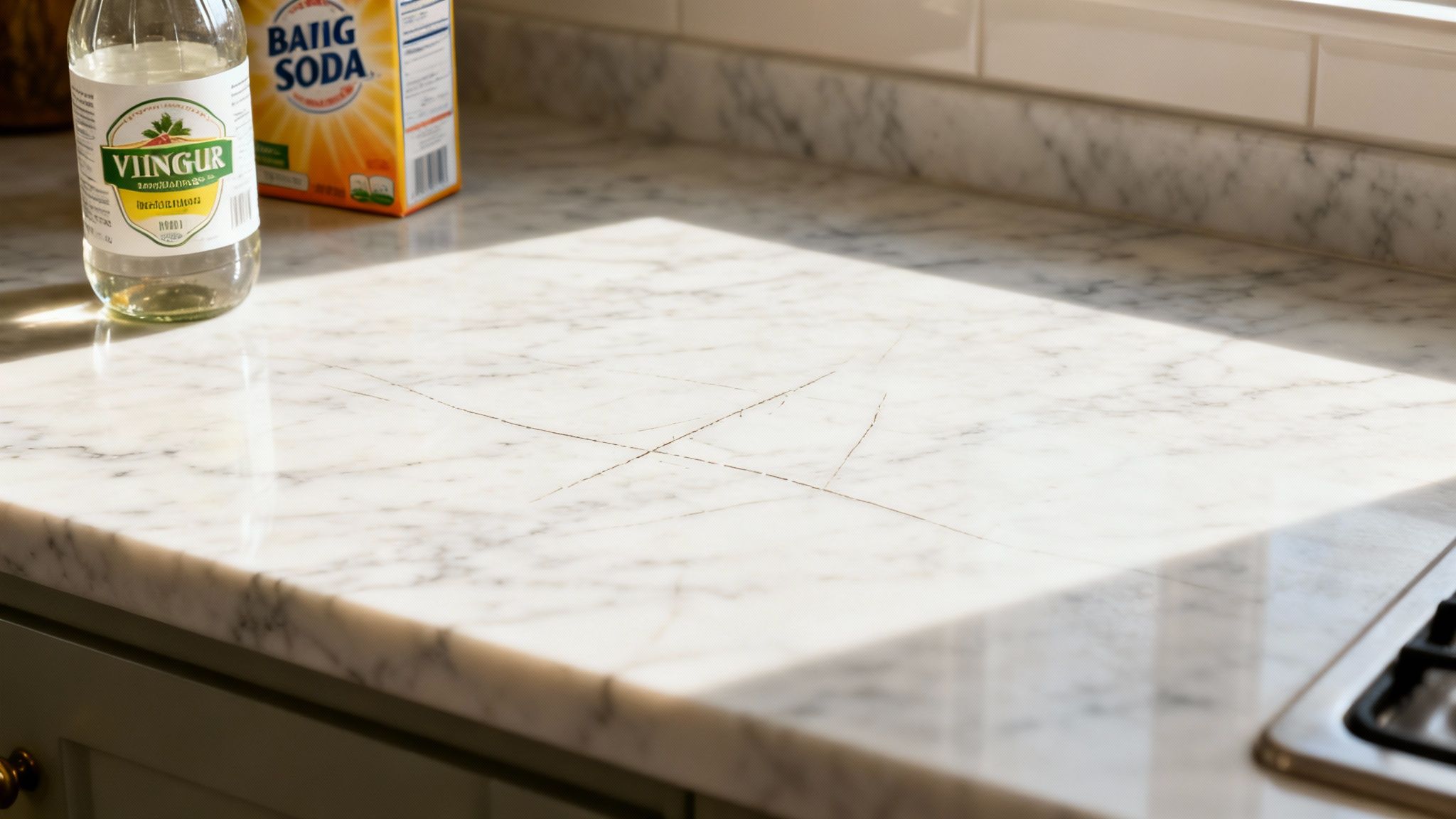 A person sprays a countertop with a harsh chemical cleaner, with visible fumes.