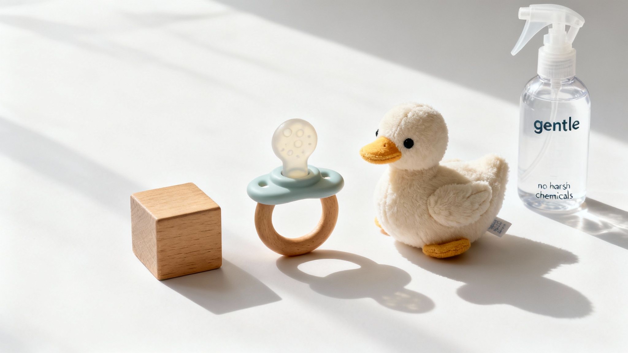 Natural baby care essentials including wooden teething toy, plush duck, and gentle cleaning spray bottle