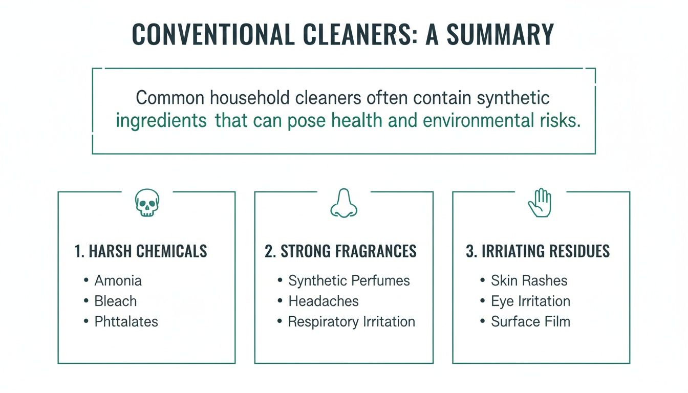 Infographic summarizing the risks of conventional cleaners, highlighting harsh chemicals, strong fragrances, and irritating residues.