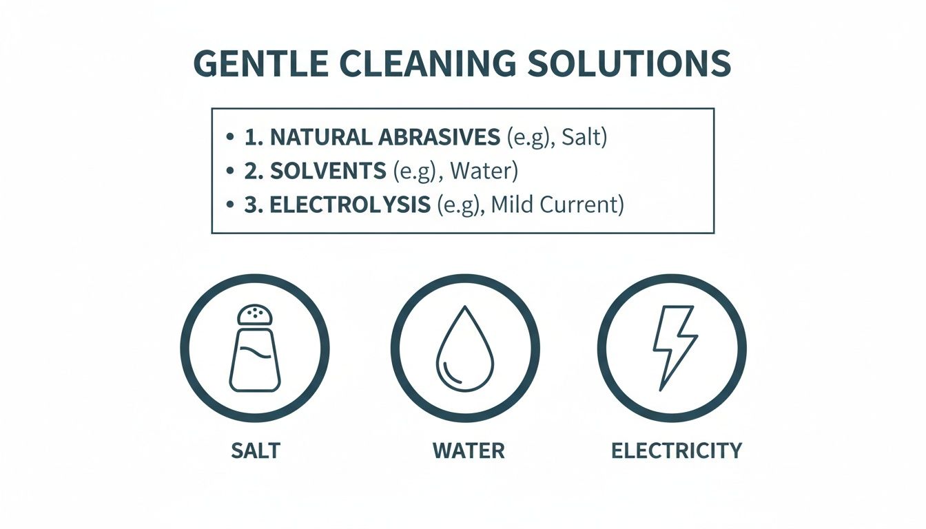 An infographic detailing gentle cleaning solutions: natural abrasives (salt), solvents (water), and electrolysis (electricity).