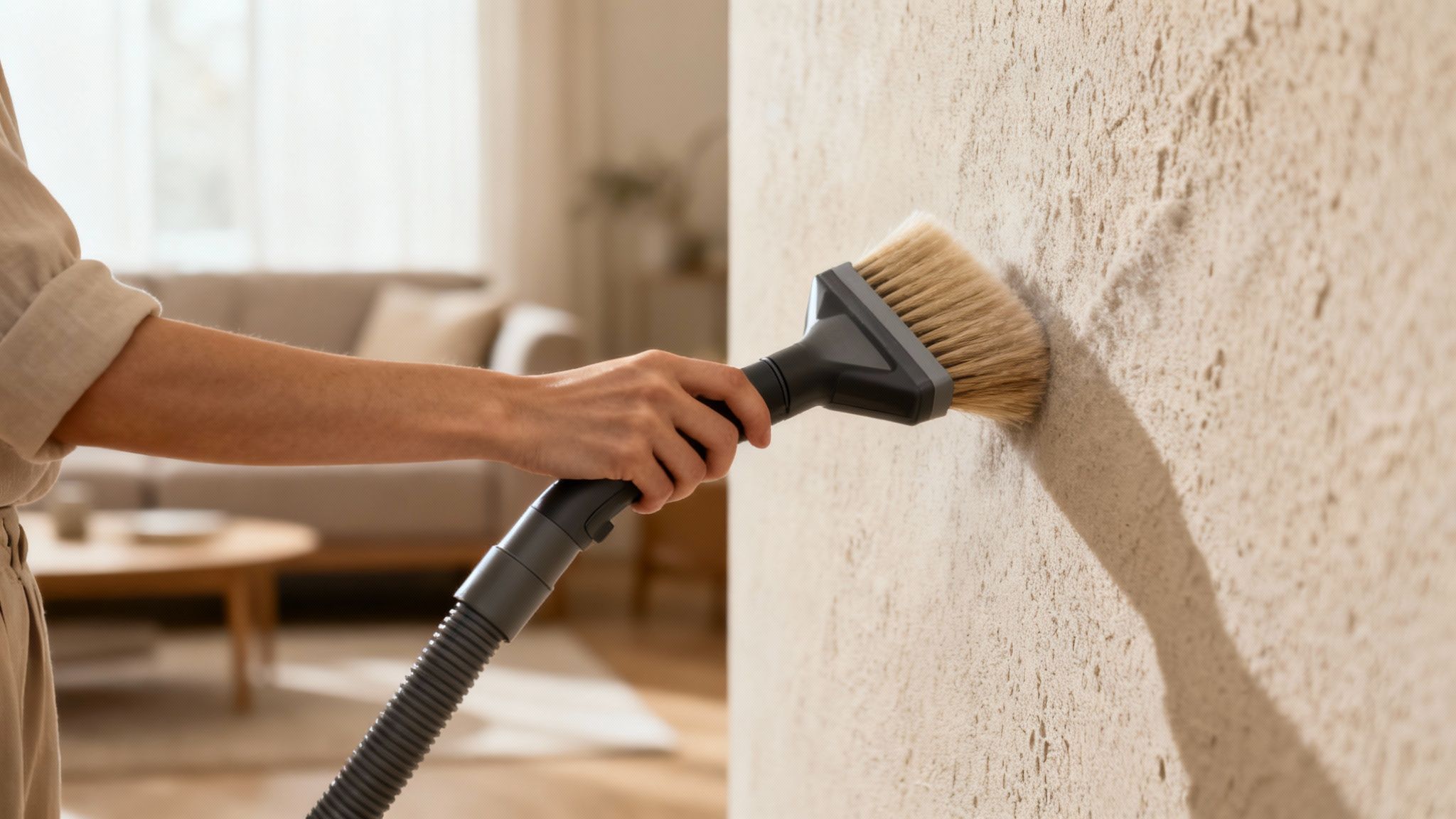 A person's hand uses a vacuum cleaner with a brush attachment to clean a textured wall.