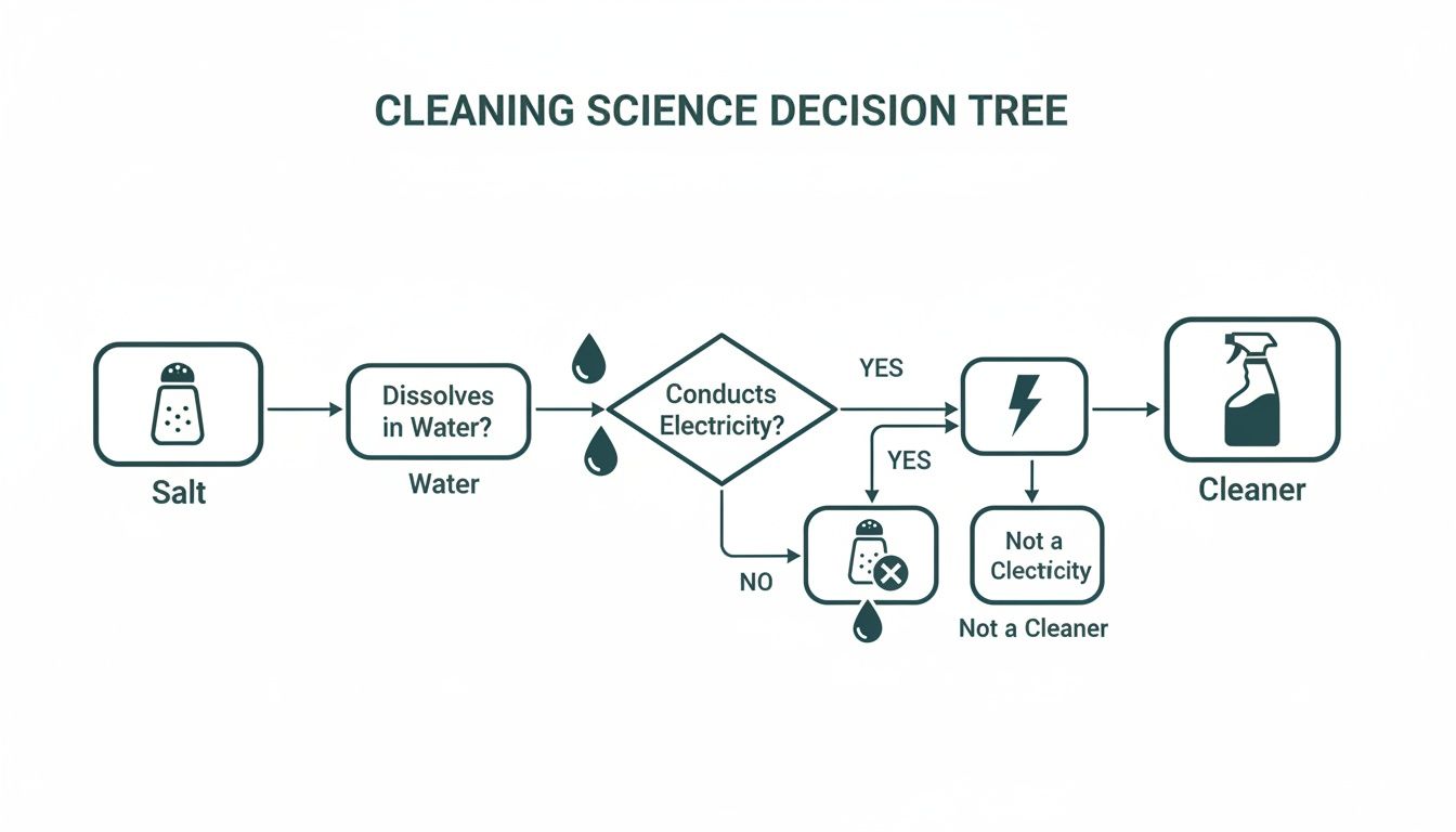 A cleaning science decision tree illustrates if dissolved salt water can be used as a cleaner.