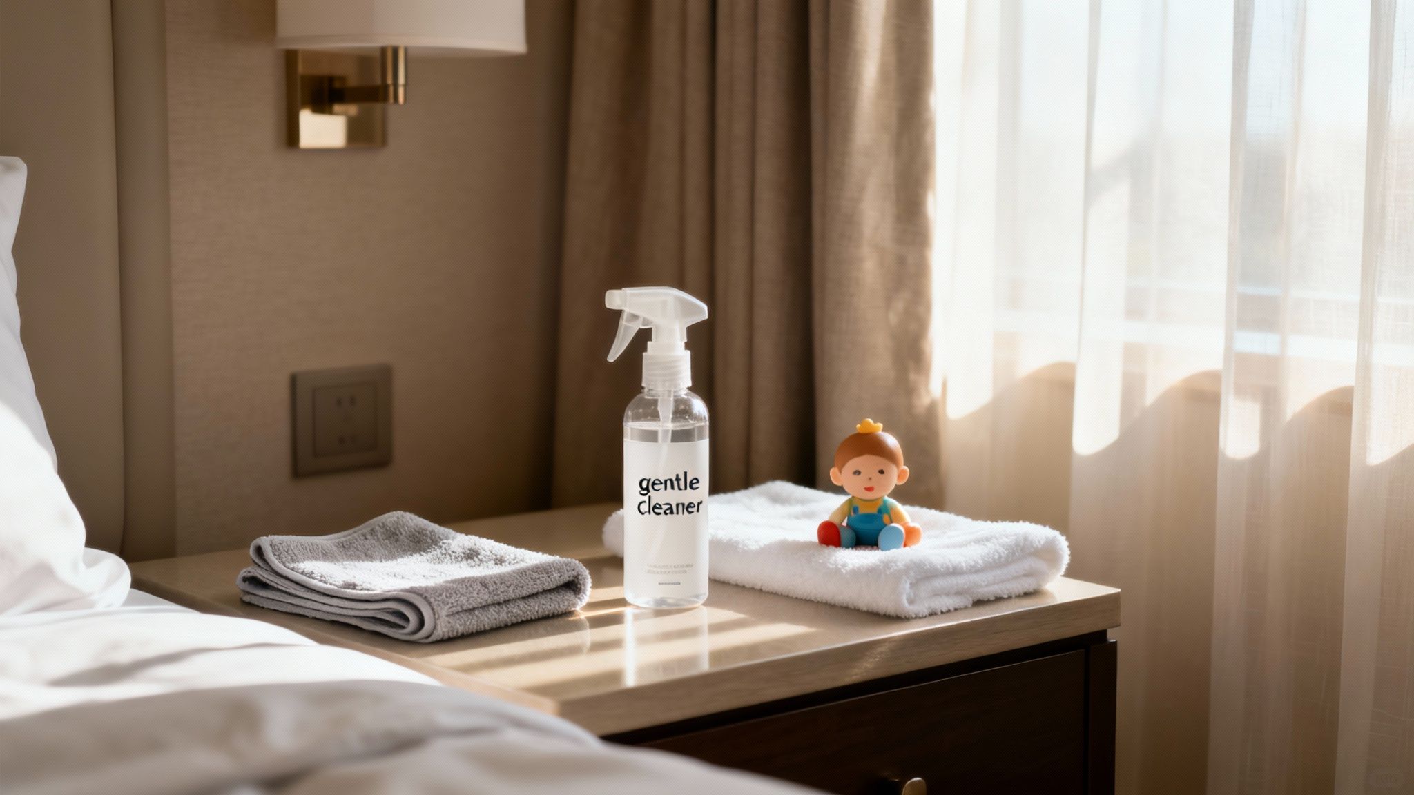 A gentle cleaner spray bottle, grey and white towels, and a baby doll on a bedside table next to a bed.