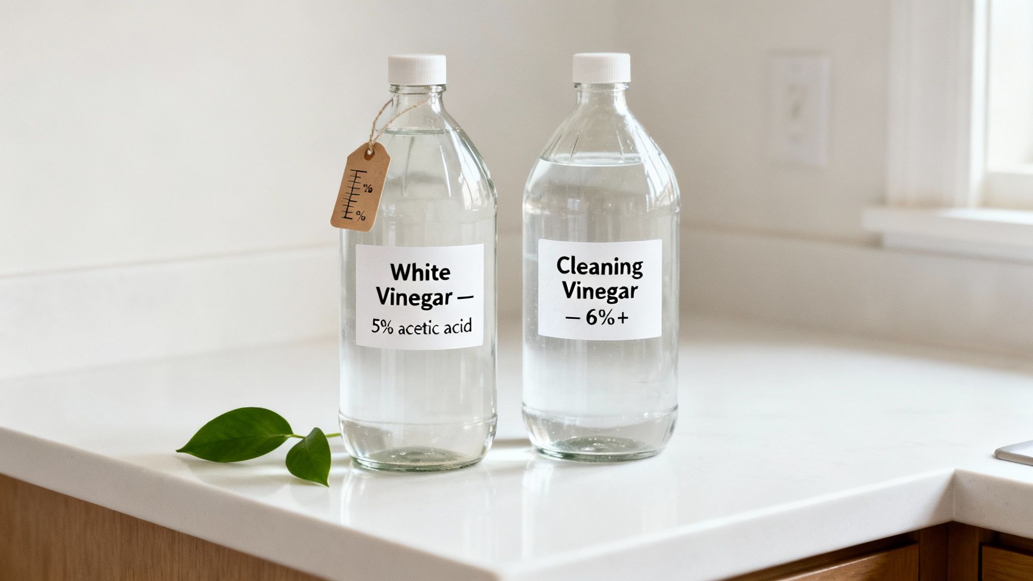Two clear bottles of vinegar, one labeled for cleaning and the other for culinary use, sitting on a clean kitchen counter.