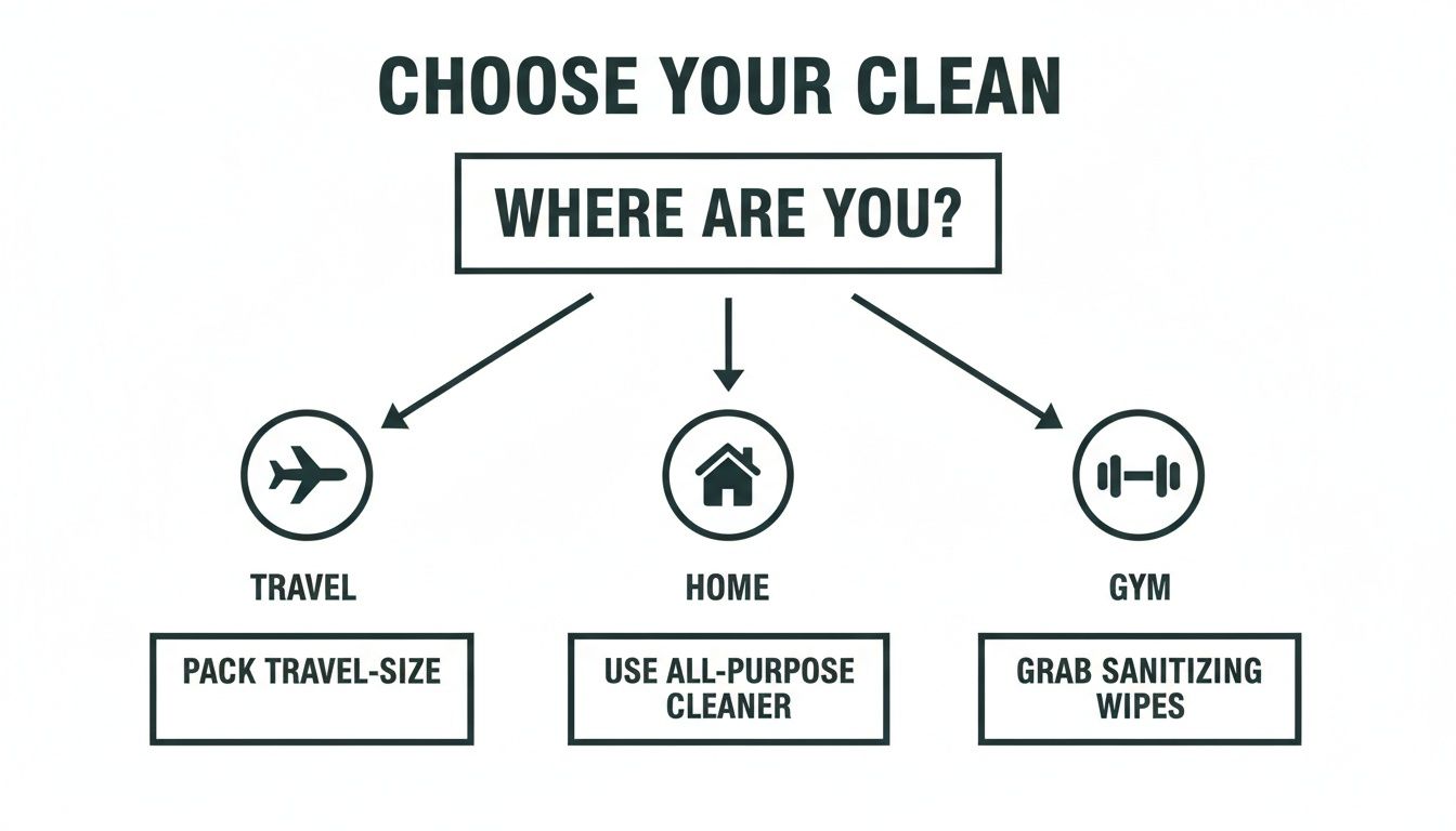 A flowchart titled 'Choose Your Clean' guides on cleaning product choices for travel, home, or gym.