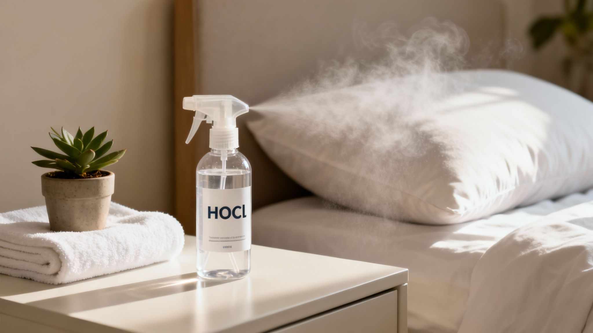 A spray bottle labeled HOCL mists a white pillow on a bed, with a succulent and towel.