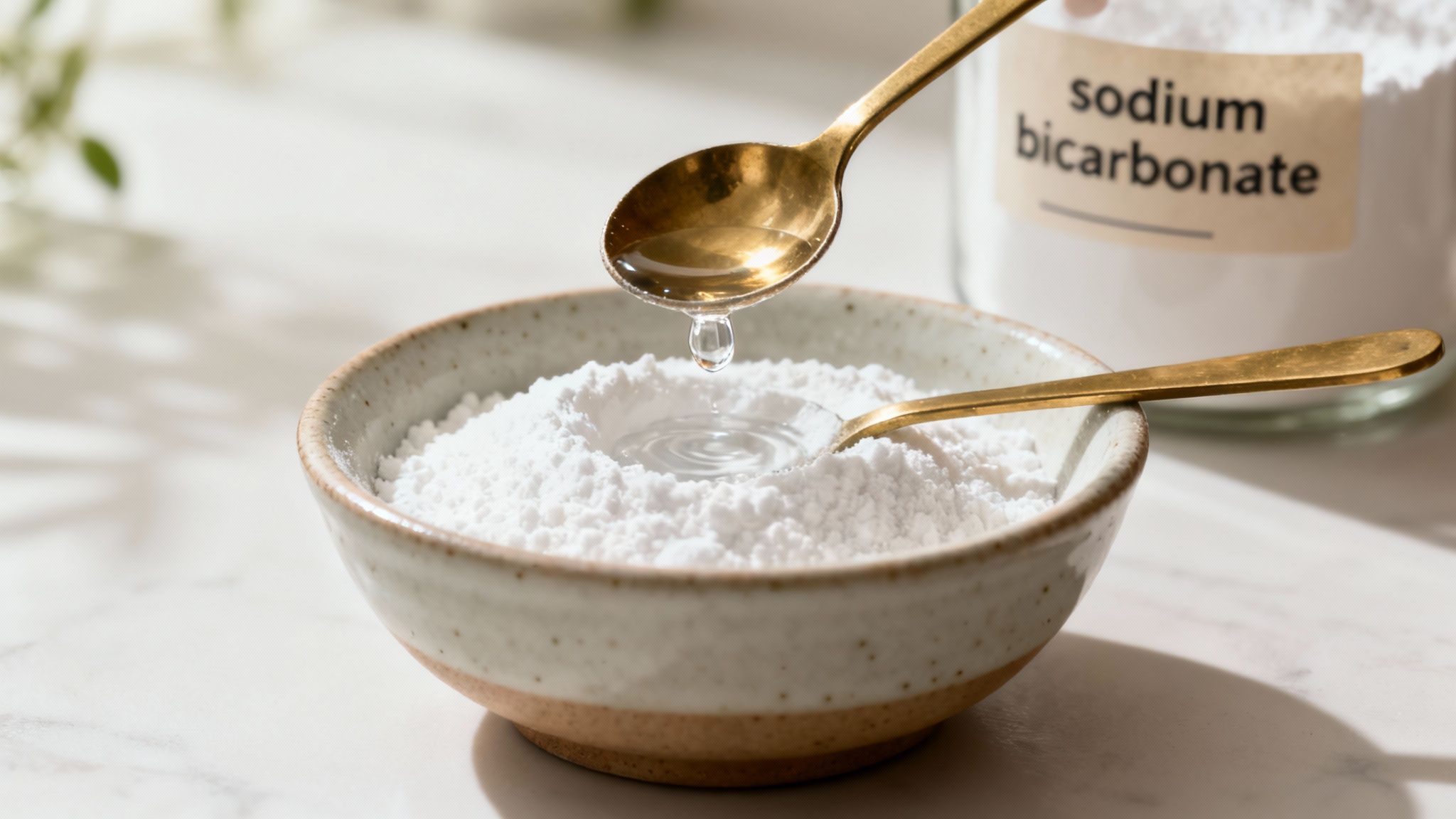 A white bowl of baking soda powder next to a wooden spoon, with a simple spray bottle filled with a clear liquid in the background, all on a light, clean surface.