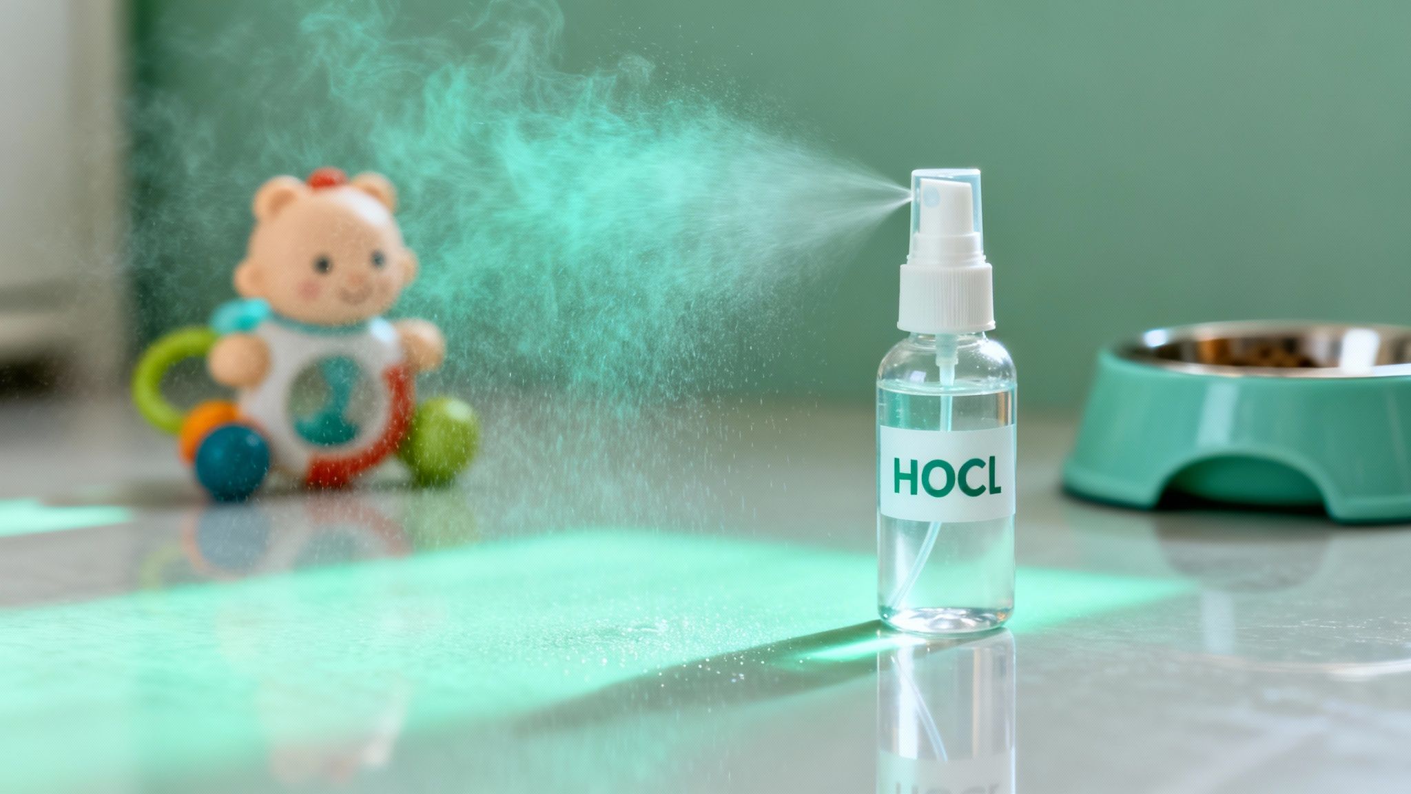 HOCL spray bottle dispensing mist over a baby toy and pet bowl, demonstrating home sanitization.