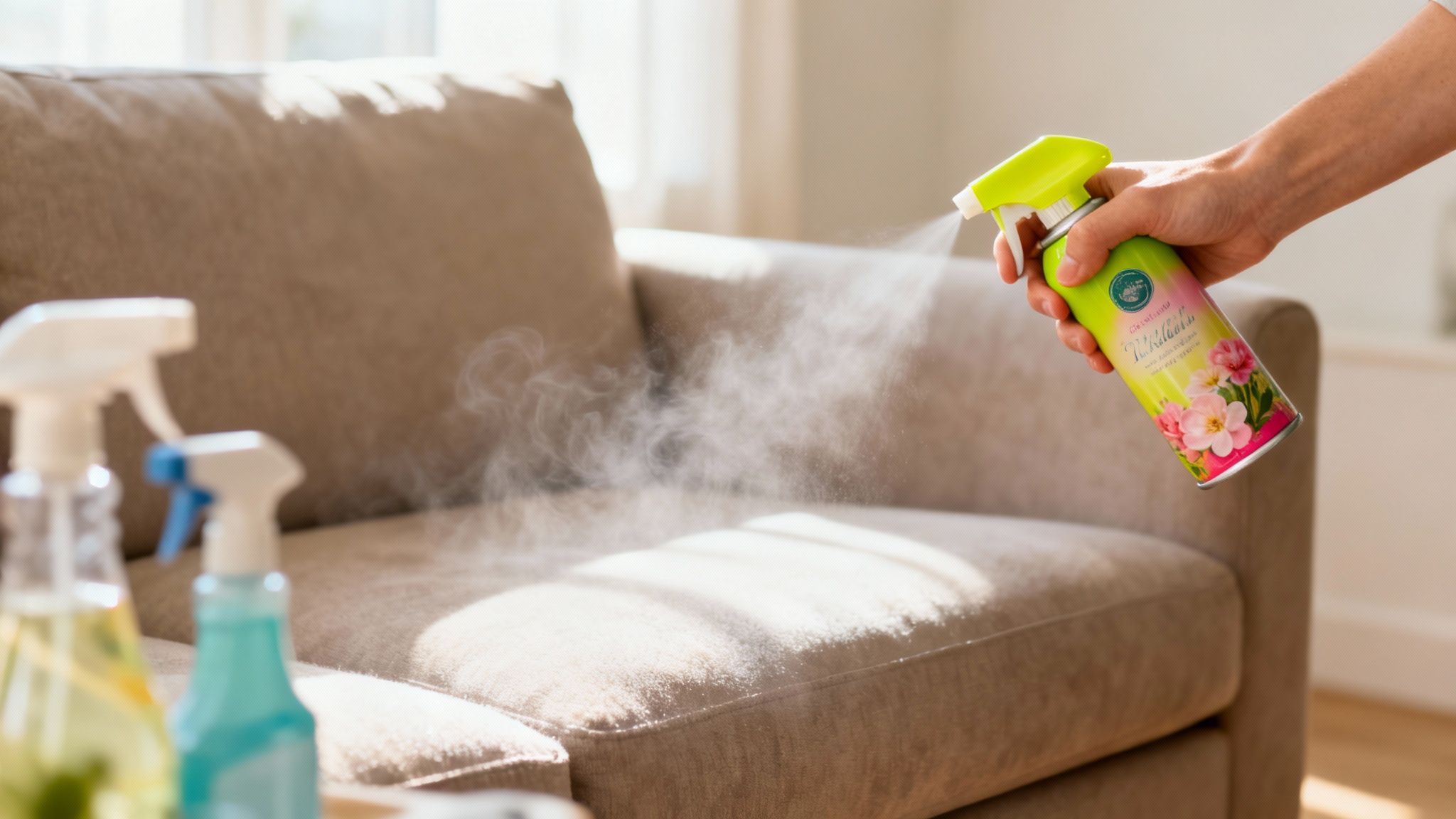 A hand sprays a floral-scented air freshener onto a beige sofa, releasing a refreshing mist.