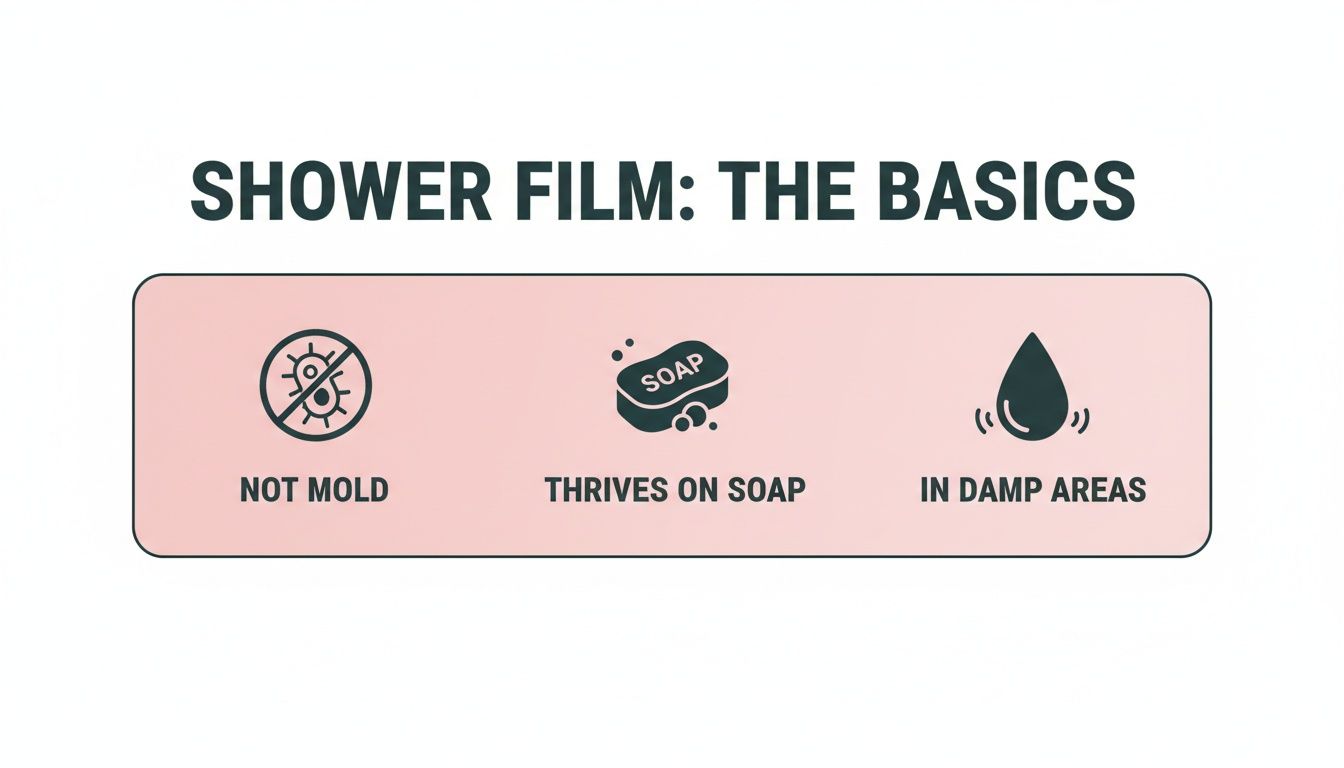Infographic explaining shower film basics: it is not mold, thrives on soap, and found in damp areas.