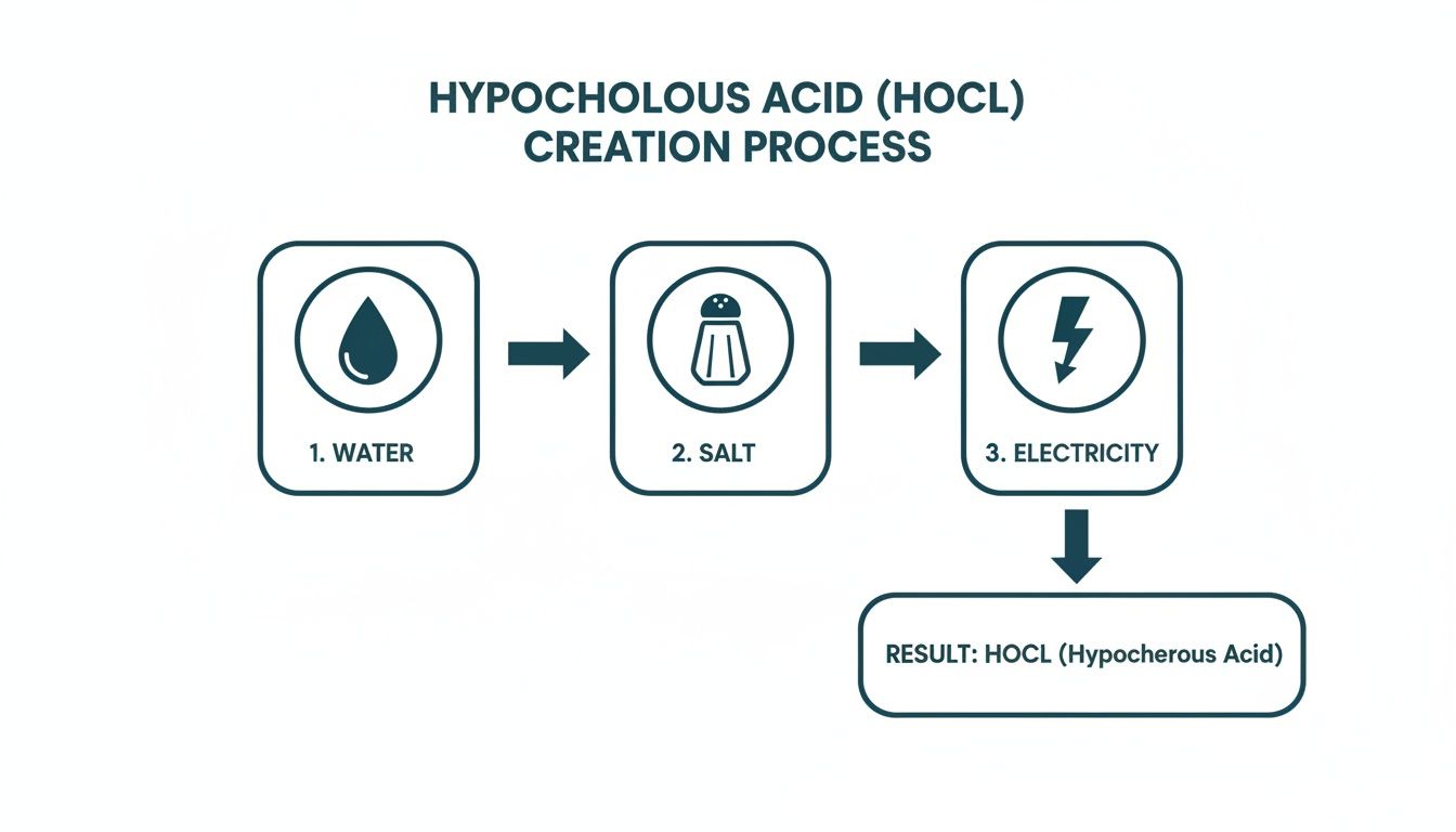Flowchart illustrating the creation process of Hypochlorous Acid (HOCl) from water, salt, and electricity.