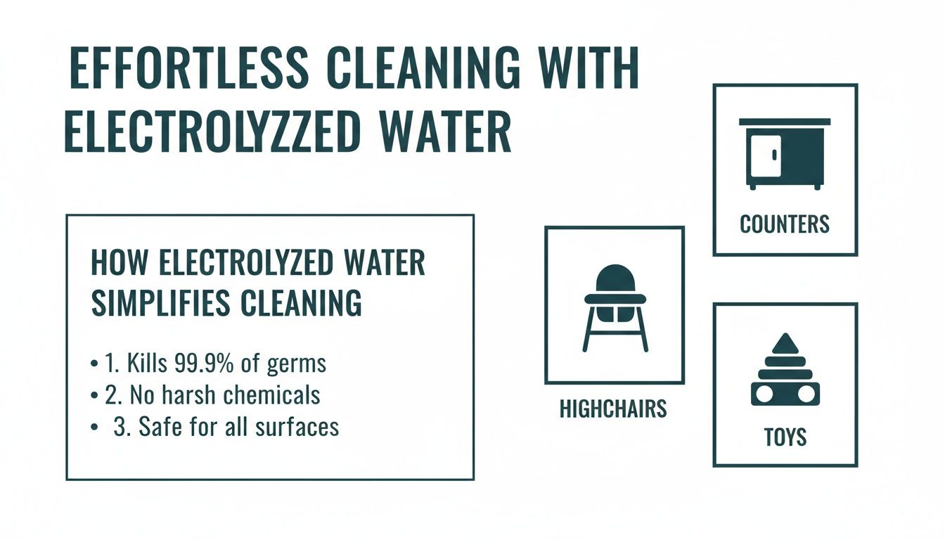 A graphic promoting effortless cleaning with electrolyzed water, detailing its benefits and common uses.