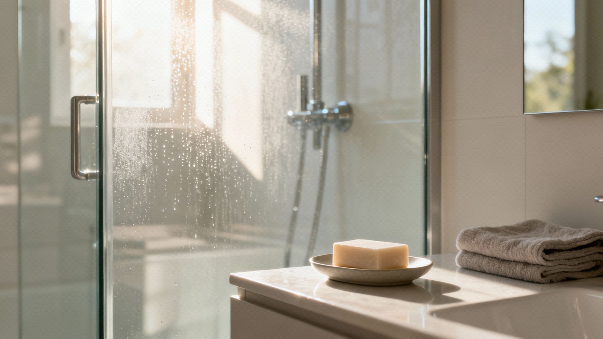 Natural light illuminates a bathroom counter with soap, towels, and a glass shower enclosure.