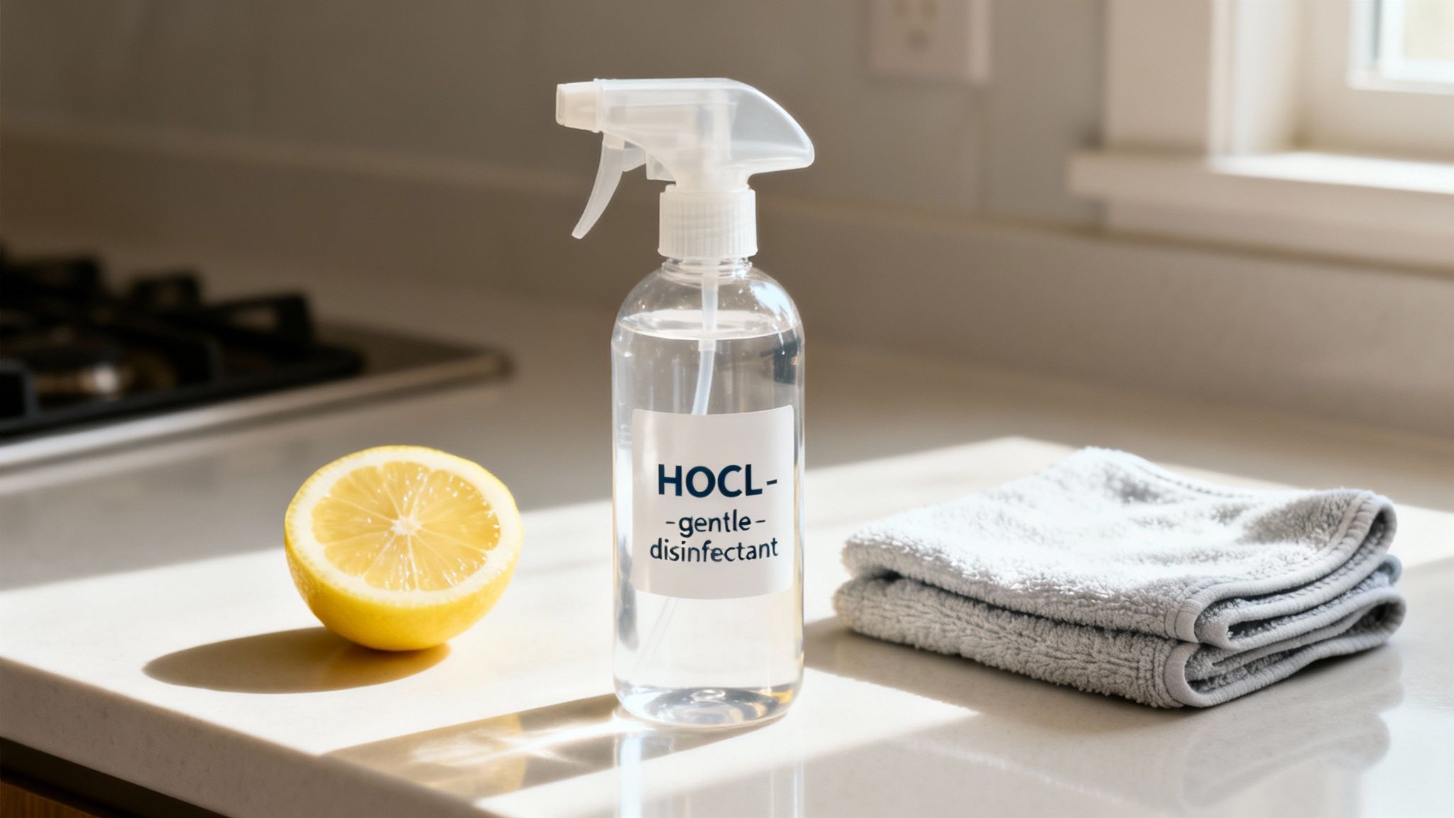 A clear spray bottle of HOCL disinfectant, a cut lemon, and a grey cloth on a sunny kitchen counter.