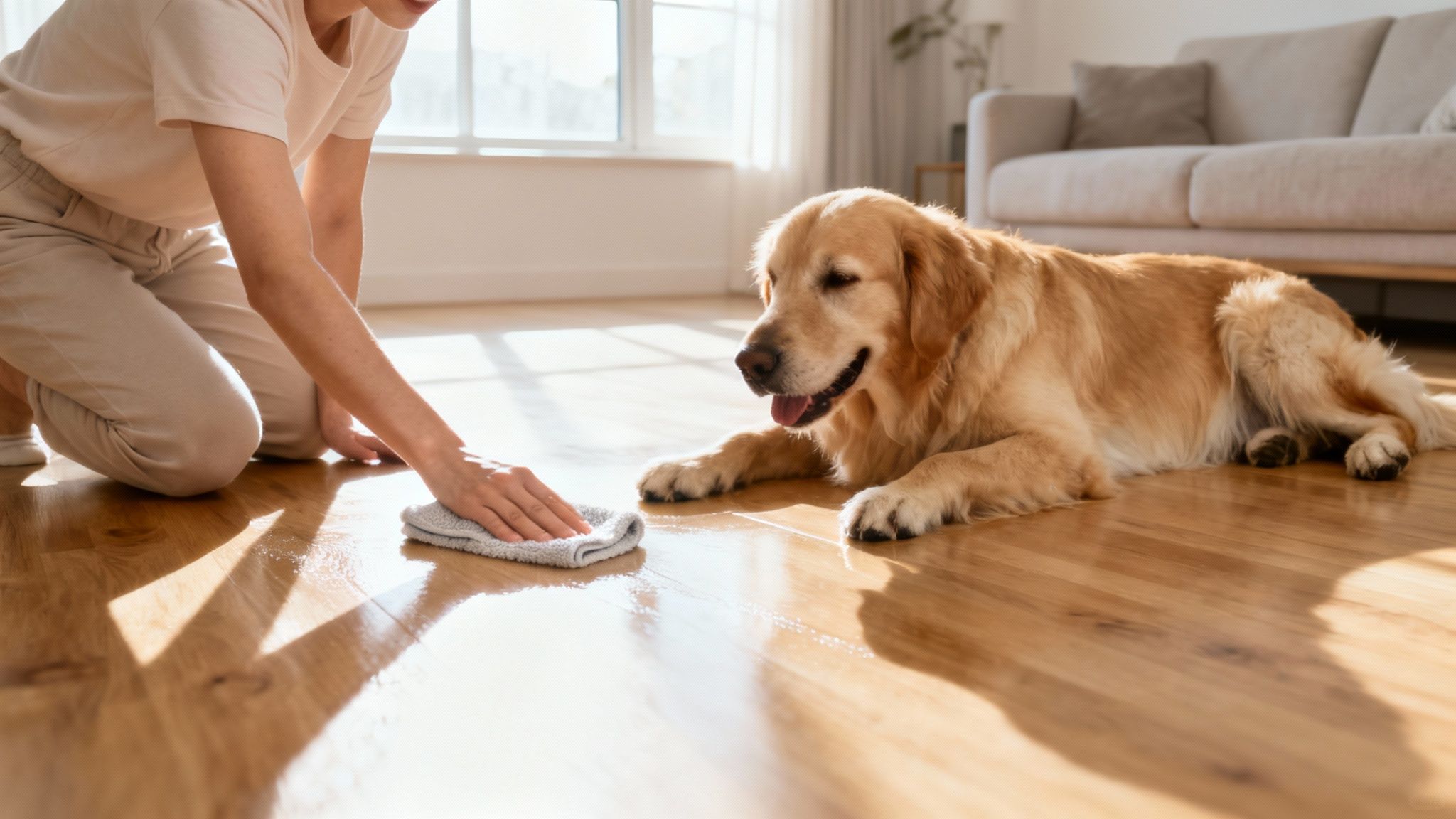 A golden retriever dog lies on a clean, light-colored hardwood floor next to a person's bare feet.