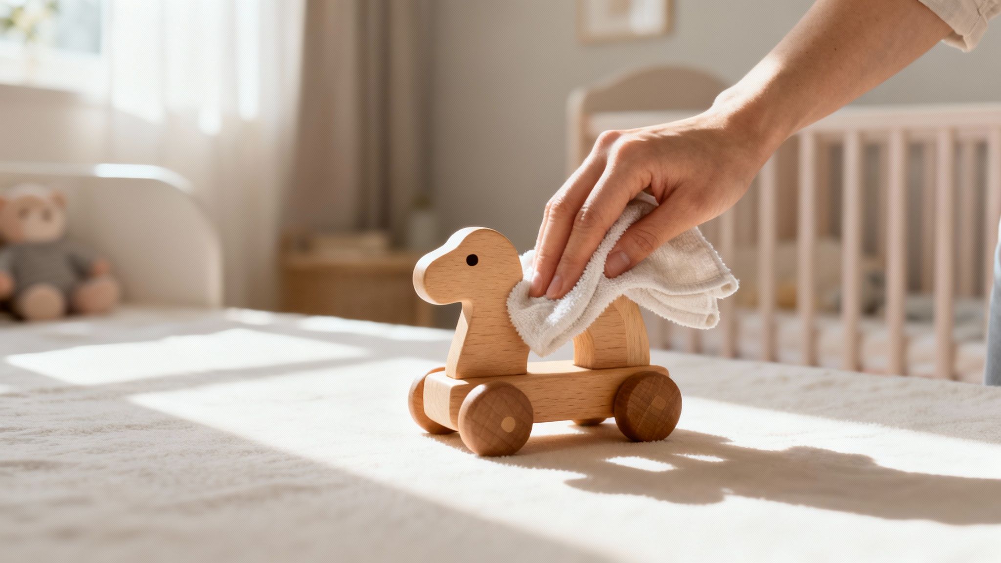 A calm and organized playroom with natural light, where toys are neatly stored on low shelves.