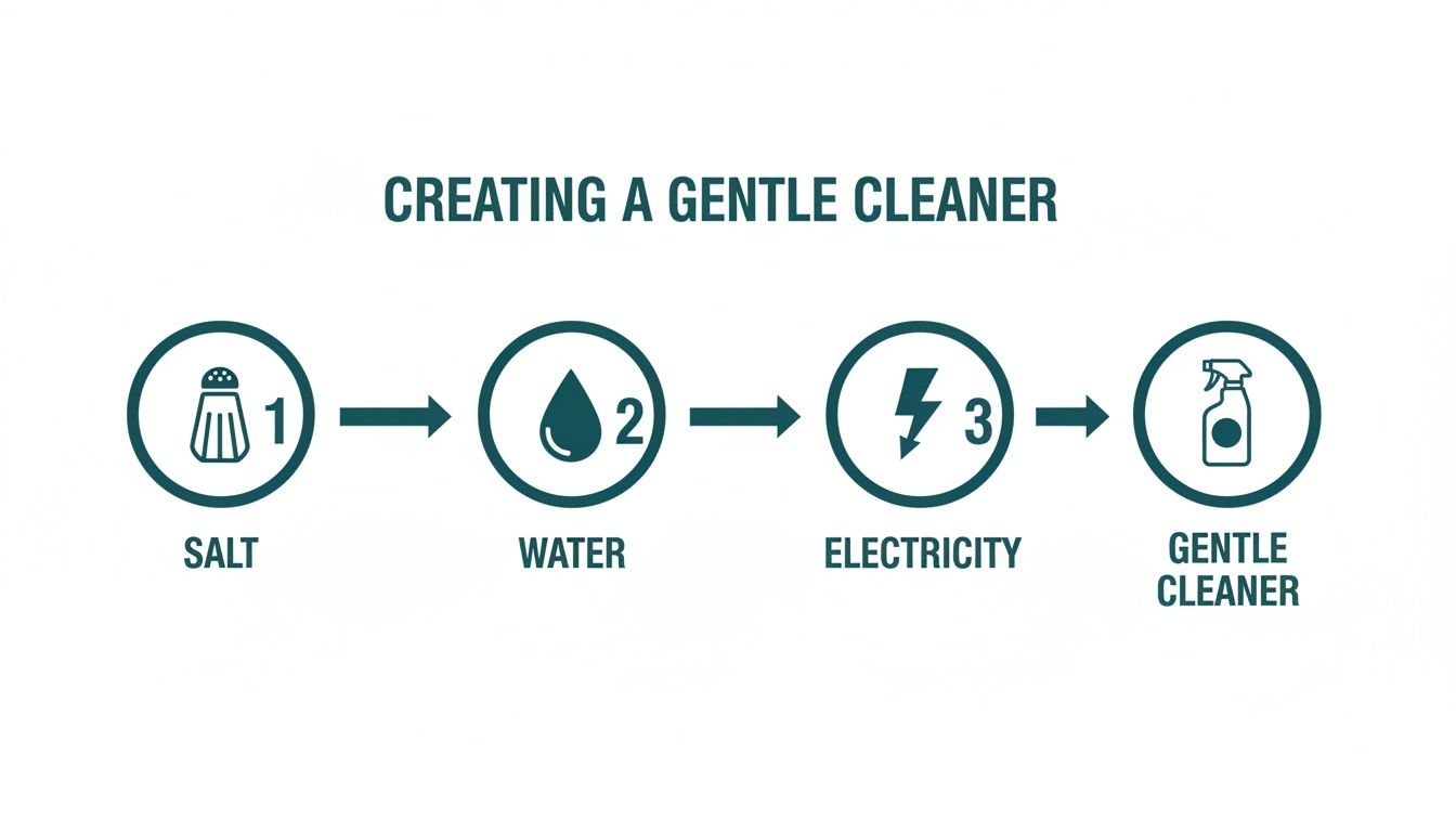 Diagram showing salt, water, and electricity combined to create a gentle cleaner in a spray bottle.