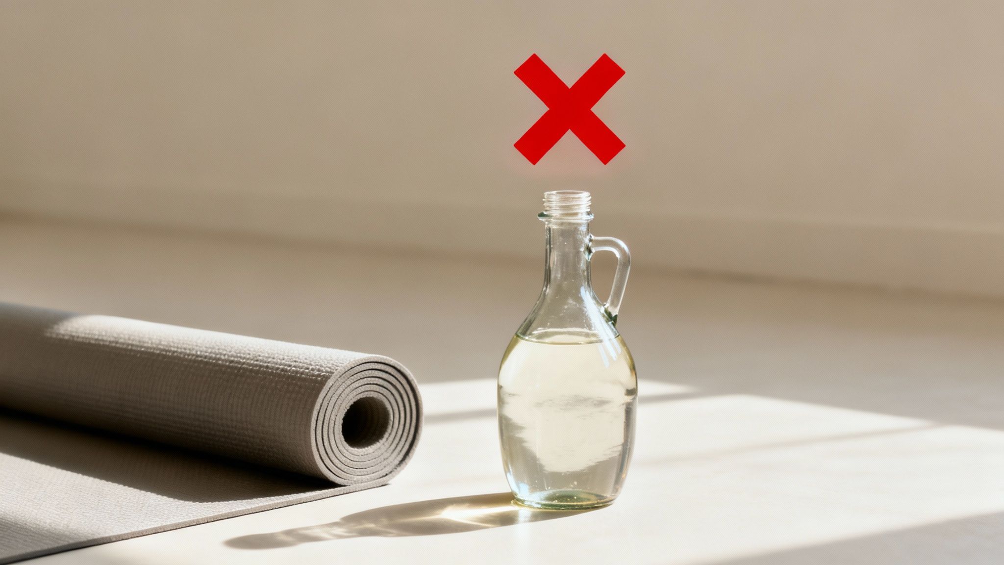 A person sprays a non-toxic yoga mat cleaner onto their mat, which is laid out on a light wooden floor.