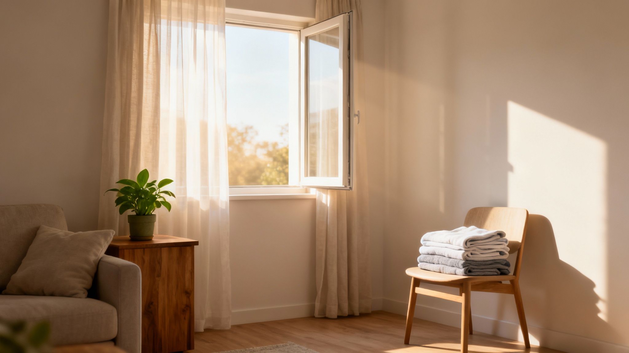 A sunlit room with an open window, sheer curtains, a plant, and folded towels on a chair.